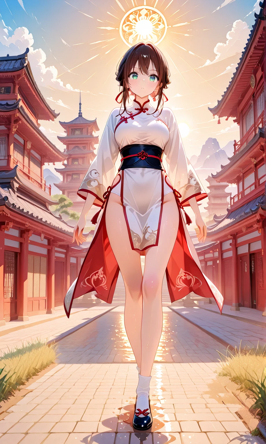 Ancient Chinese architecture,National style beautiful girl,Wear revealing Hanfu,Simple clothing, Minimalist style,Mixed Chinese and American races,The background is blurred out,focal,电影灯光,(((tmasterpiece))), ((best qualtiy)), ((Complex and detailed)), ((ultra-realistic realism)), Ridiculous resolution, A MILF, Mature woman, ssee-through, highly detailed, illustratio, 1girll, (mediuml breasts), Thin waist and thick hips,long leges,beatiful detailed eyes, short detailed hair, brunette color hair, a purple eye, stocklings,Lace,Wrapped buttocks,tight-fitting,Bumps,with faintly visible,Cool clothing,Cocked buttocks,The body proportions are perfect,(No underwear),pantiess, detailed back ground, perfect eyes, Seductive eye, (nice hand),Detail hands,looking at viewert,From the front,Wear light,juicy legs,deep v big breasts,