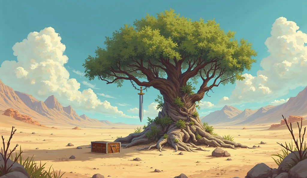 A large, ancient tree with a thick, gnarled trunk entwined with vines ...