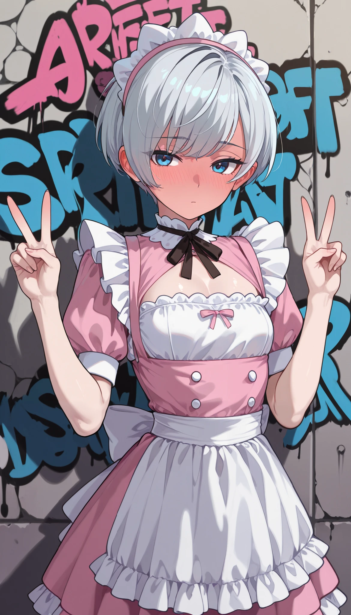SLE, mksks style, best quality, masterpiece, detailed background, highly detailed, intricate, detailed face, long eyelashes, detailed eyes, (standing:1.3), (small breasts:1.0), (narrow_waist:1.4), (wide_hips:1.3), (skindentation:1.4), (thick_thighs:1.3), (big thigh_gap:1.4), (petite, slim, skinny:1.3), (rainbow background, multicolor background, colorful background, ceaceless background, sparkly background, sparkles, shimmer:1.3),

(one girl, 1girl:1.0), (black blindfold:1.3), (black hair:1.3), (blunt bangs, short hair, messy hair:1.3), (red_collar:1.2), (oni_horns:1.3), (thick_lips:1.3), (pointy ears:1.1), (pale skin:1.0),

(maid, maid headdress, maid apron, frilled dress, frills:1.3), (white thighhighs, white elbow gloves, white garter belt:1.2),

(light smile:1.0), <lora:envybetterhandsLocon_beta2:1> <lora:AromaStyle-V9:0.65>