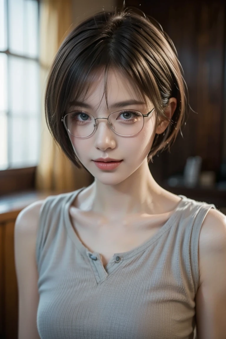 (Raw photo:1.2)、highest quality、beautiful detailed girl、laughter、short haired、highly detailed eyes and face、beautiful and fine eyes、huge file size、High resolution、8k wallpaper、finely、Highly detailed ticker uniform wallpaper in 8K、light shines on your face、movie lighting、16 year old girl、cute pose、(photorealism:1.4)、enlightenment、super detail、big breasts、Glasses Pose、Tank top