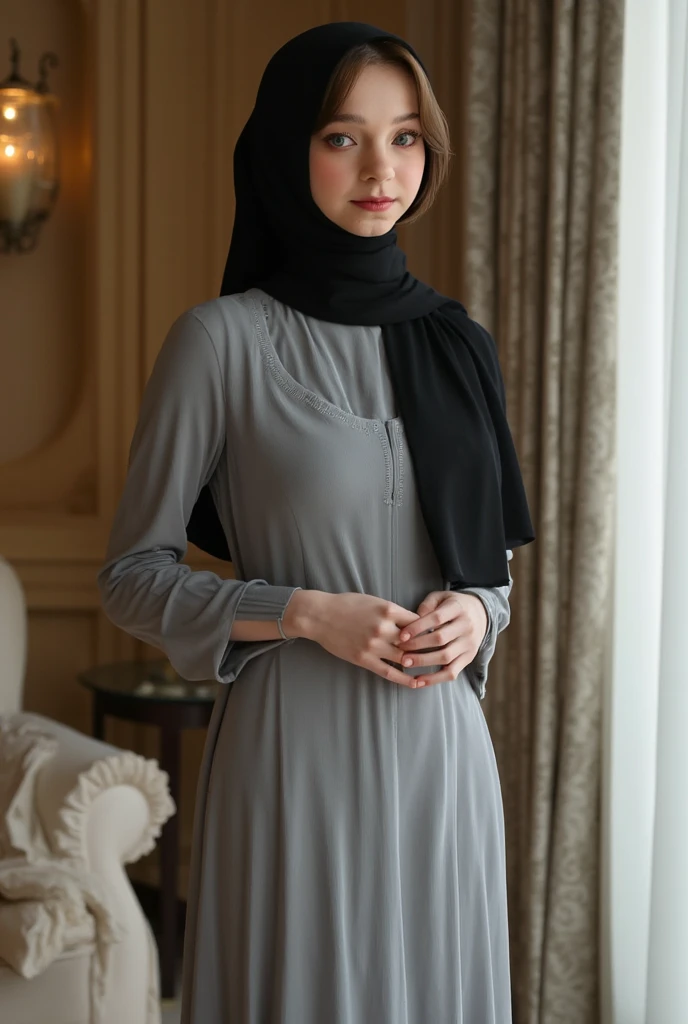 Hijab girl, nice body,white body,  beautiful,teenage girl, curvy,in the living room, high quality,collage girl , wear black dress,youthful,nice hands, attractive face,fit,average ,8K,ultra high realistic,sexy, school gir