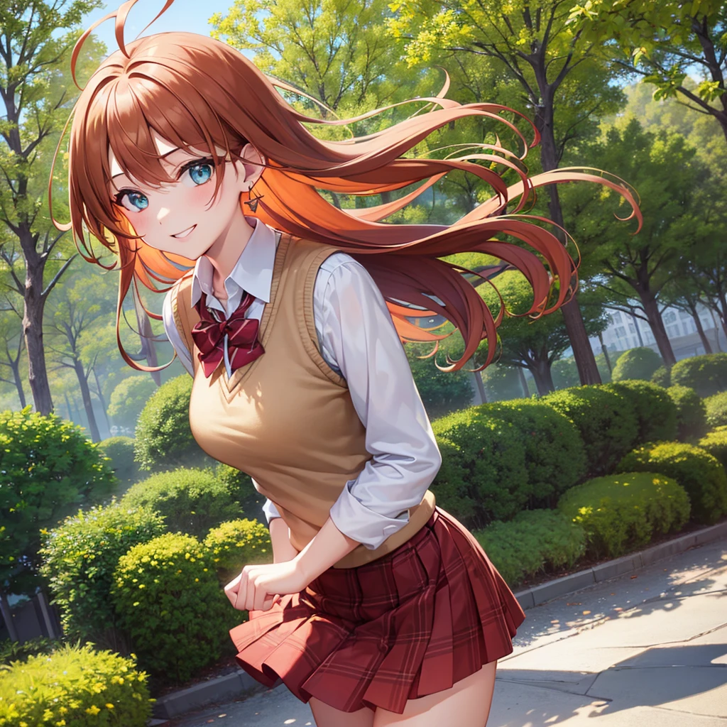 (best quality,4k,8k,highres,masterpiece:1.2),ultra-detailed,(realistic,photorealistic,photo-realistic:1.37),a girl wearing a Yuigahama Yui , vibrant colors, soft lighting, gentle expression, flowing brown hair, beautiful detailed eyes, cute smile, lively atmosphere, sunny day, cherry blossom trees, green grass, school building in the background, classic anime style, summer breeze, playful pose, lively and cheerful mood, medium: digital painting, pastel tones, warm and inviting ambiance, delicate texture, realistic shading and highlights, detailed folds and creases in the , intricate lace embellishments, realistic rendering of the fabric, shiny buttons, intricate stitching, pleated skirt swaying in the wind, white knee-high socks, black school shoes, dainty accessories, joyful vibe, nostalgic aura, youthful innocence, playful interaction with surroundings, pleasant and serene scenery, peaceful and harmonious atmosphere, inviting viewers to join her in a carefree moment of enjoyment.