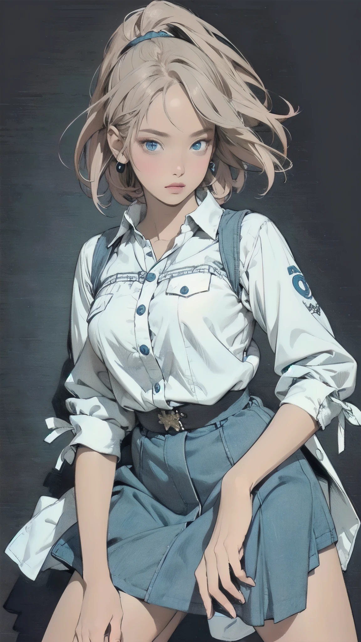 girl with dark skin(Skin color:1.2), (age:1.1), Gray Hair(Detailed Hair Quality :1.2), (accessories:1.1), Blue Eyes(Eyes:1.3), ( Emoji:1.2), ( pose :1.2), (Body Type:1.1), short cheerleader-style skirt(Detailed Outfits:1.2) has the coat of 。hands stacked on the knee、Facing down、( pose :1.2),facing the front(direction:1.1), ( Emoji:1.2), placed in the center of the screen。short hair、The background is a single color、has bright shadows and hues、(Detailed Background:1.1)、anime style、(detailed drawing:1.3), digital art、(Expression of light and shadow:1.3), (color:1.2), Delicate Description、(Style:1.2), character design、(composition:1.2)。