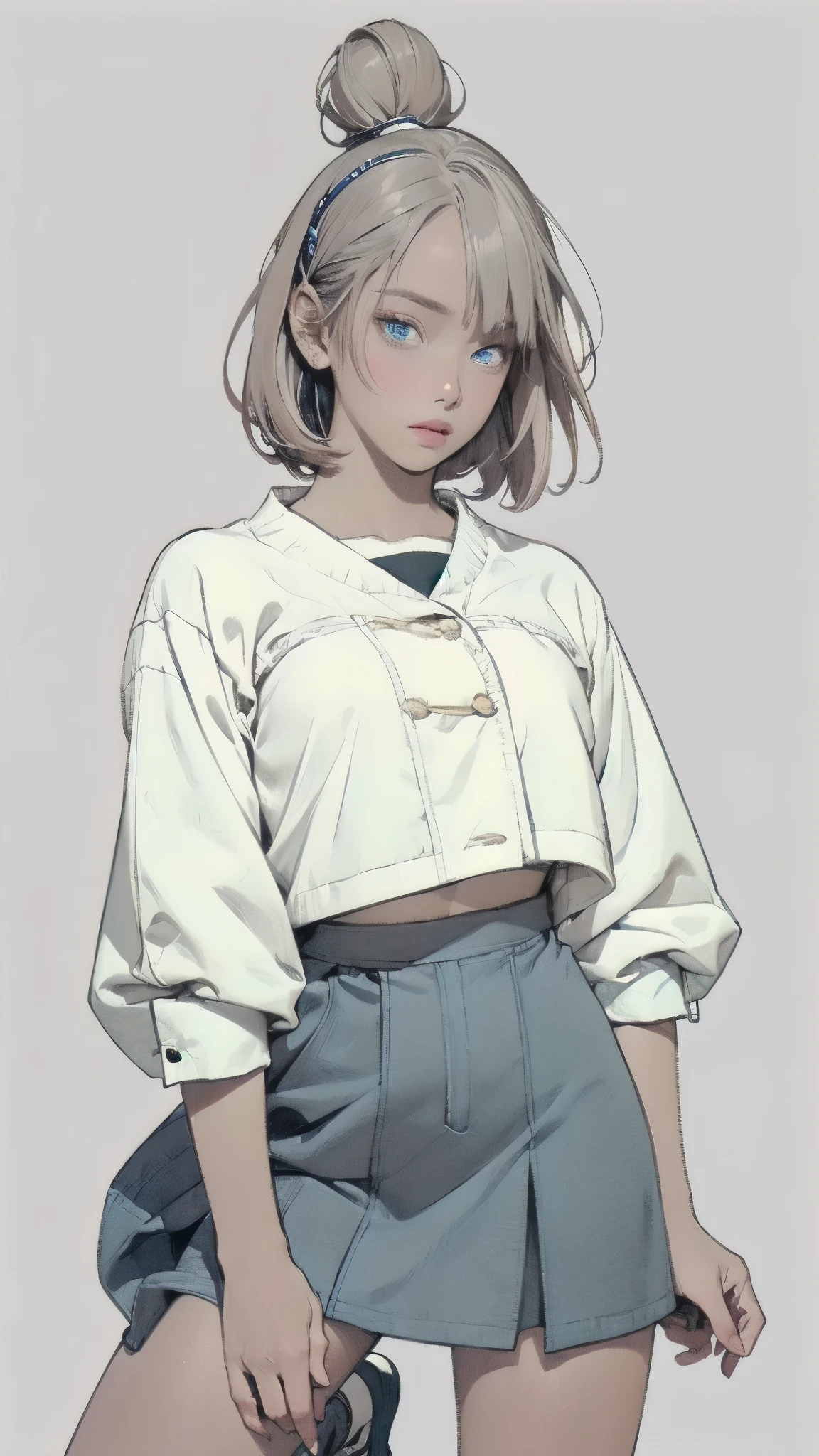 girl with dark skin(Skin color:1.2), (age:1.1), Gray Hair(Detailed Hair Quality :1.2), (accessories:1.1), Blue Eyes(Eyes:1.3), ( Emoji:1.2), ( pose :1.2), (Body Type:1.1), short cheerleader-style skirt(Detailed Outfits:1.2) has the coat of 。hands stacked on the knee、Facing down、( pose :1.2),facing the front(direction:1.1), ( Emoji:1.2), placed in the center of the screen。short hair、The background is a single color、has bright shadows and hues、(Detailed Background:1.1)、anime style、(detailed drawing:1.3), digital art、(Expression of light and shadow:1.3), (color:1.2), Delicate Description、(Style:1.2), character design、(composition:1.2)。