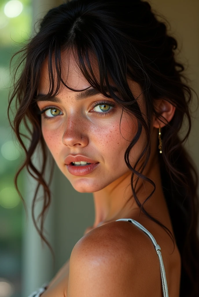 Cute beautiful y European light-green-eyed brunette, 22 years old, Girl with perfect brede, fulbject shown in photo, abstract light background, girl in focus, background out of focus, depth of field, sardonic smile, girl looking sideways, girl looking at you, fill body , light-green eyes, very detailed, innocent face, face-length 1.3 times the face-width, almond-shaped eyes, squared face-shape, high cheekbones, naturally wavy hair, light-green eyes, high-res, masterpiece, best quality, intricate details, very detailed, sharp focus, detailed skin, realistic skin texture, texture, detailed eyes, professional, 4k, charming smile, shot with Canon, depth of field, Kodak Vision color, perfectly fitting body, extremely detailed, photo_\( ultra\), photorealistic, realistic, post processing, maximum details, roughness, real life, ultrarealistic