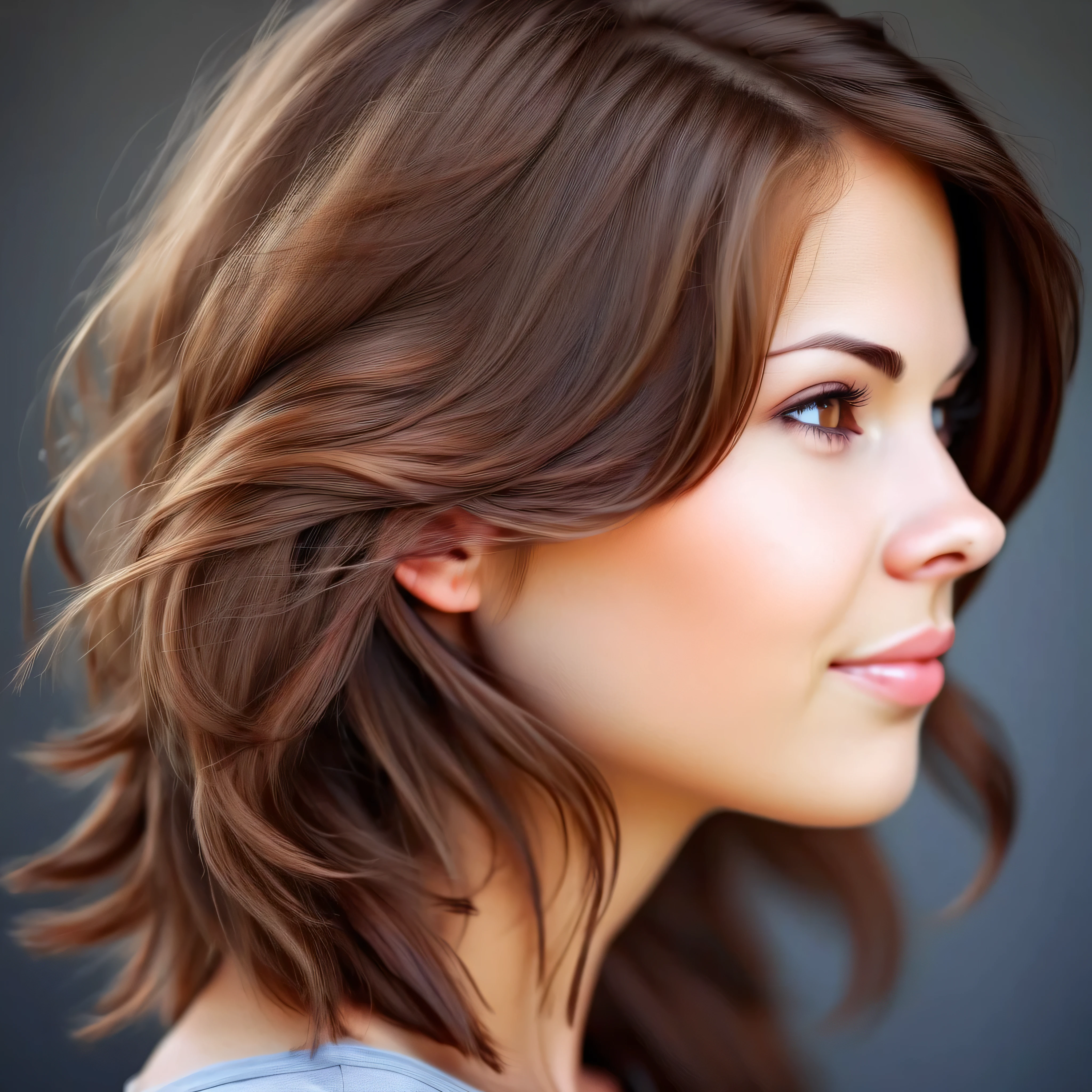 dekoltee of a beautiful woman with BROWN hair, The ear should be beautiful
