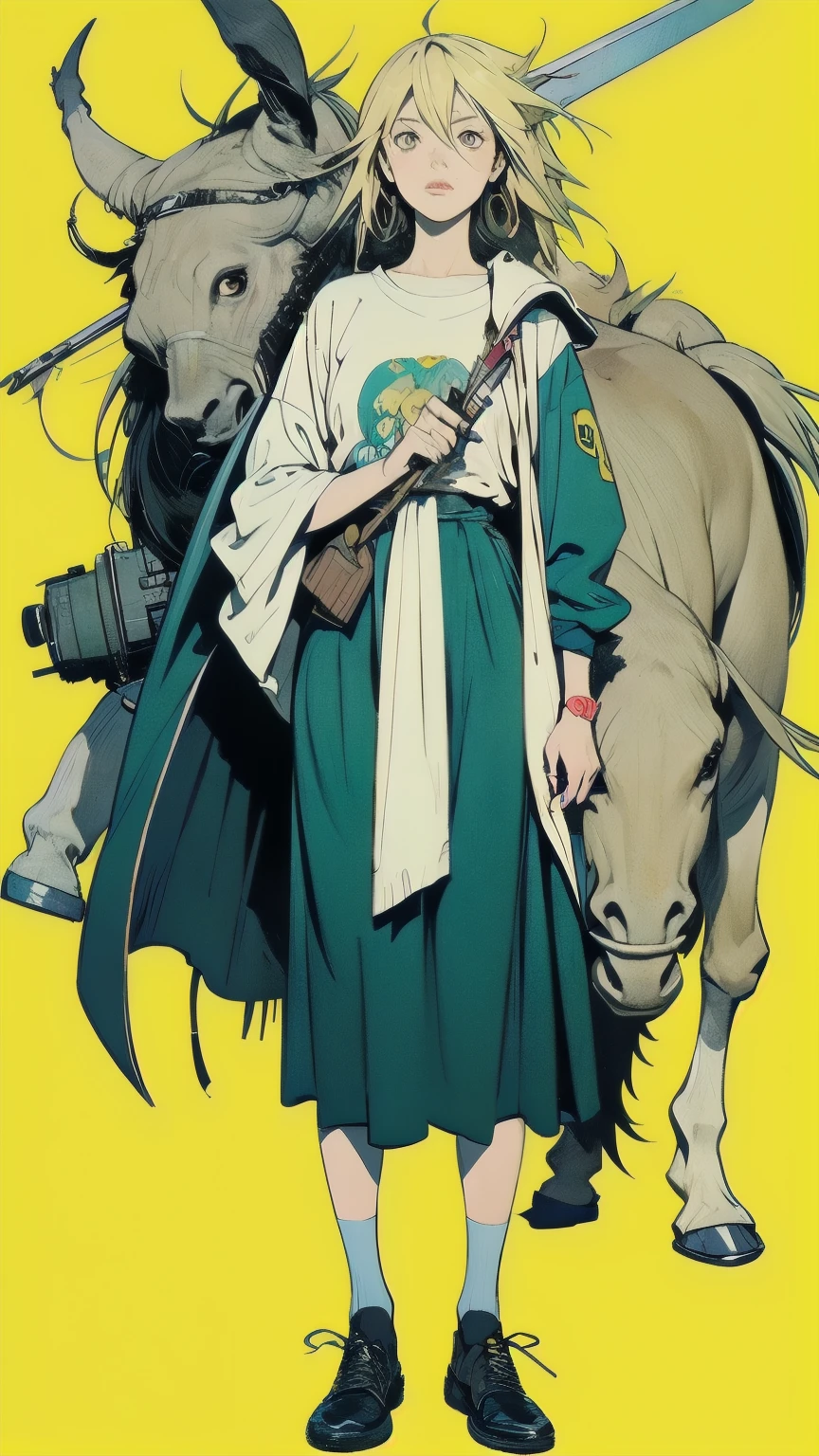 A woman holds a sword and a donkey on a yellow background, concept art:Okada Yoneyama, trending on pixiv, conceptual art, hidetaka miyazaki, Epic anime with bad luck , FLCL, FLCL cover, like Grimes , Krenz Kuchart and Artem Demra, Glo-anime