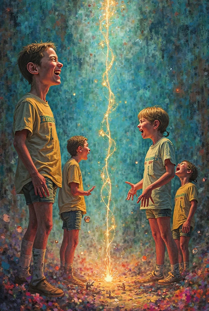 Realistic full length image 12 yo slender white boy shirtless red hair freckles barefoot wearing very tight light blue bulging speedo black leather belt with diamond shaped buckle around waist yellow electric sparks shooting from buckle Adult 30 yo white female shoulder length blonde hair blue eyes barefoot wearing yellow two piece bikini bathing suit reaching for black leather belt at boys waist holding end pulling it tight with one hand several notches.