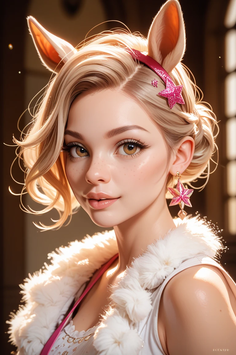 a woman in a red sweater and white fur coat, huge breasts, martina fackova, portrait of very beautiful elf, very tight small push up bra, christmas, super wide angle, curly blond, christmas chimney