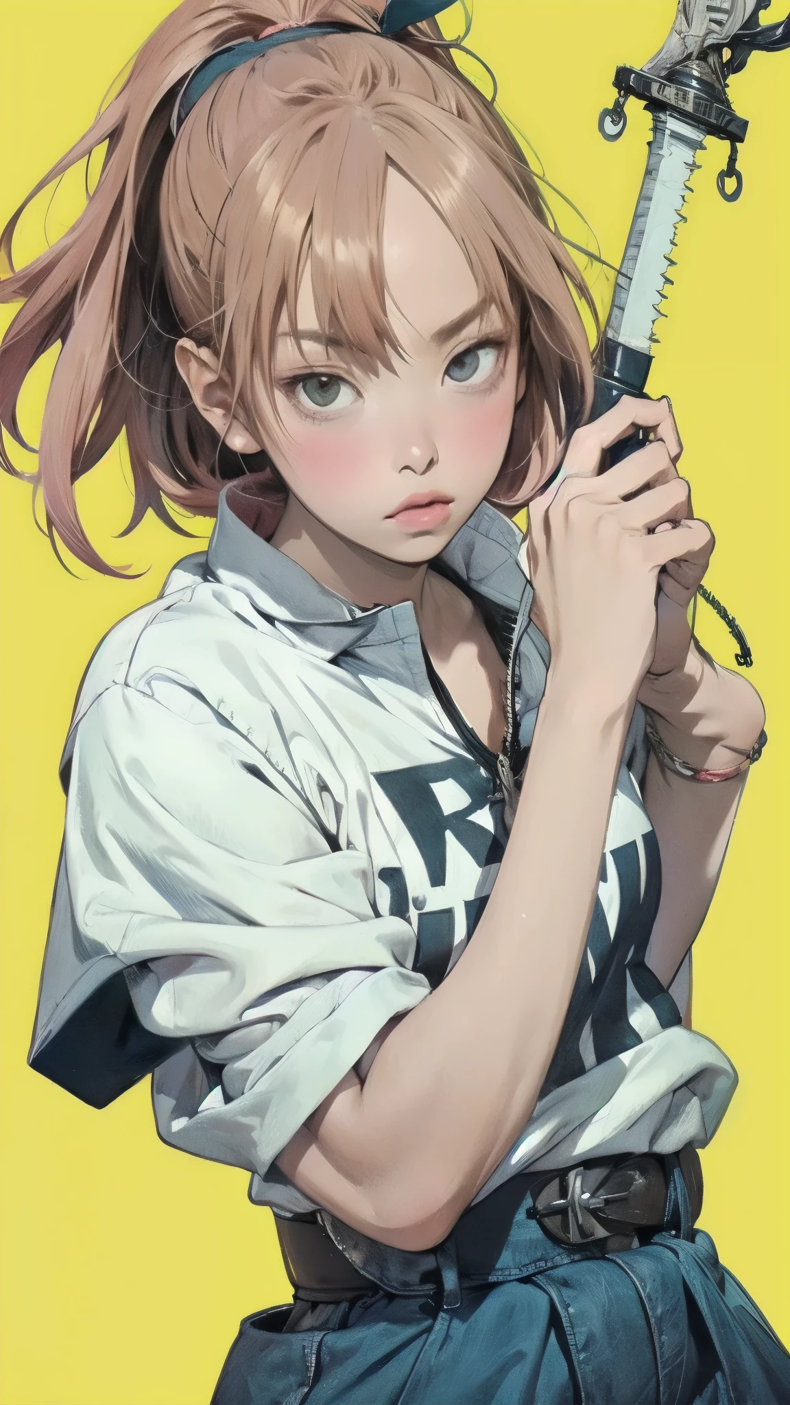A woman holds a sword on a yellow background, Keizan Okada, hidetaka miyazaki, Epic anime with bad luck , Yoshida Akihiko , FLCL, FLCL cover, by Kamisaka Sekka, like Grimes , Krenz Kuchart and Artem Demra