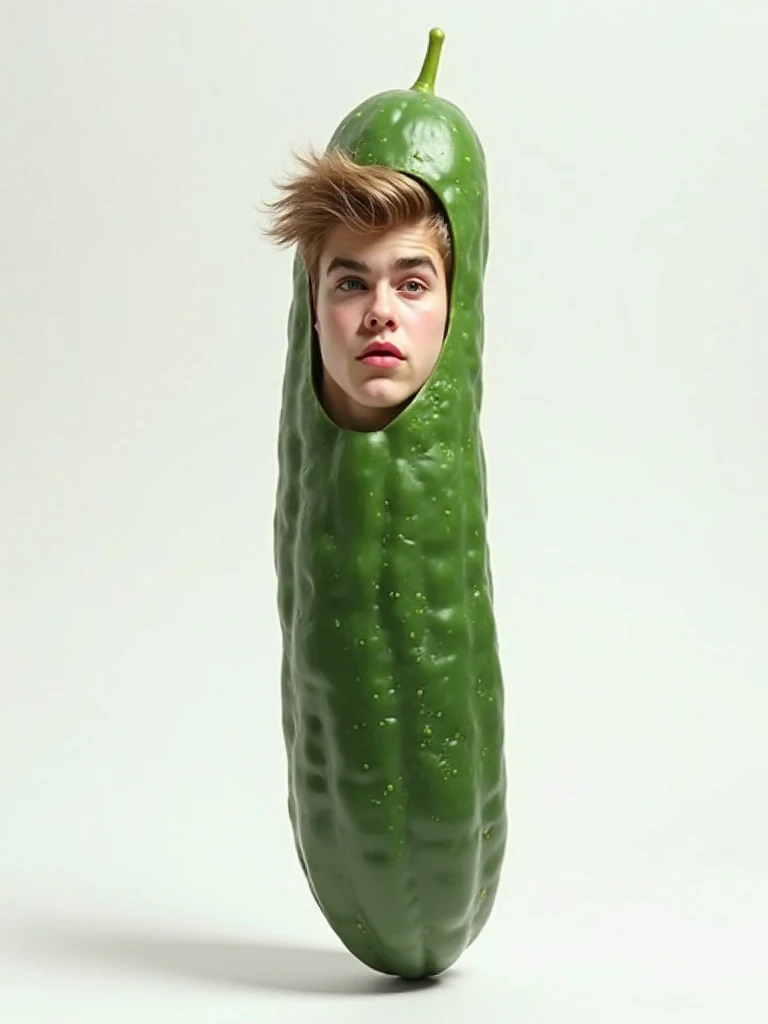 Justin Bieber, wearing only a jockstrap, putting a eggplant in his but, terrified look on face