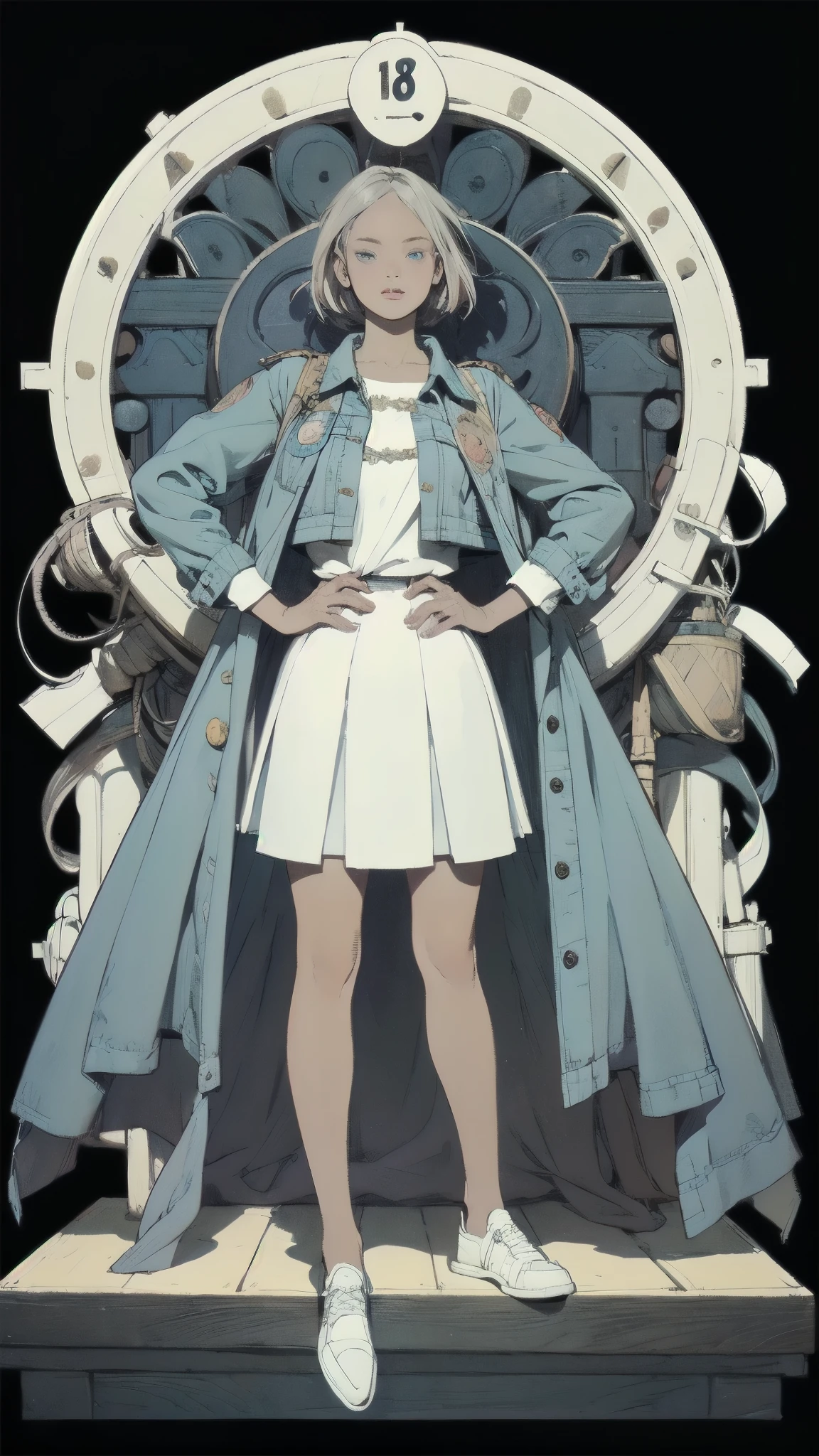 girl with dark skin(Skin color:1.2), (age:1.1), Gray Hair(Detailed Hair Quality :1.2), (accessories:1.1), Blue Eyes(Eyes:1.3), ( Emoji:1.2), ( pose :1.2), (Body Type:1.1), short cheerleader-style skirt(Detailed Outfits:1.2) has the coat of 。hands stacked on the knee、Facing down、profile、( pose :1.2), ( Emoji:1.2), placed in the center of the screen。short hair、The background is a single color、has bright shadows and hues、(Detailed Background:1.1)、anime style、(detailed drawing:1.3), digital art、(Expression of light and shadow:1.3), (color:1.2), Delicate Description、(Style:1.2), character design、(composition:1.2)。