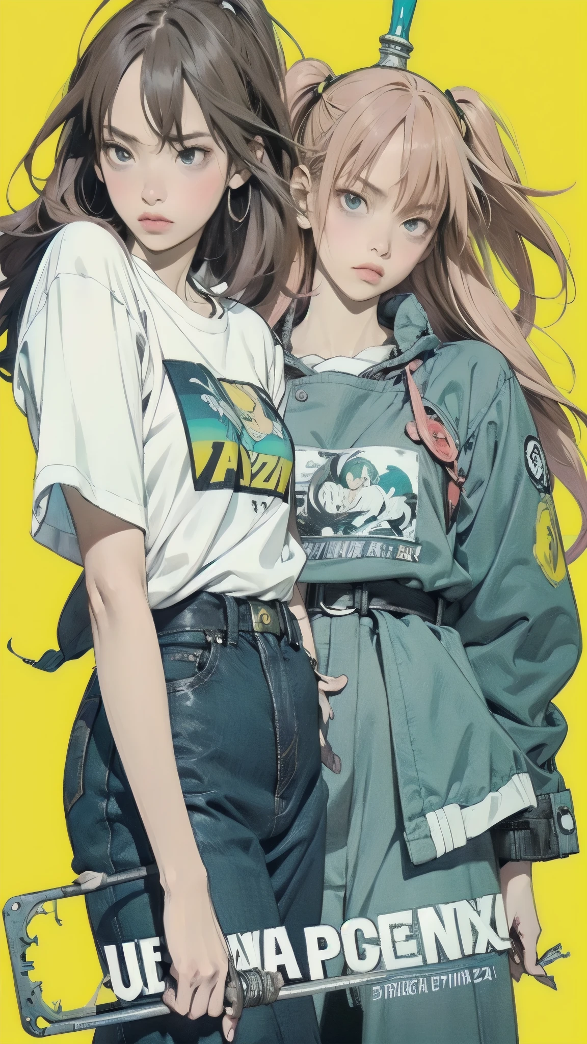 A woman holds a sword on a yellow background, concept art：Okada Yoneyama,  trending on pixiv, conceptual art, hidetaka miyazaki, Epic anime with bad luck , FLCL, FLCL cover, like Grimes , Krenz Kuchart and Artem Demra, Glo-anime 
