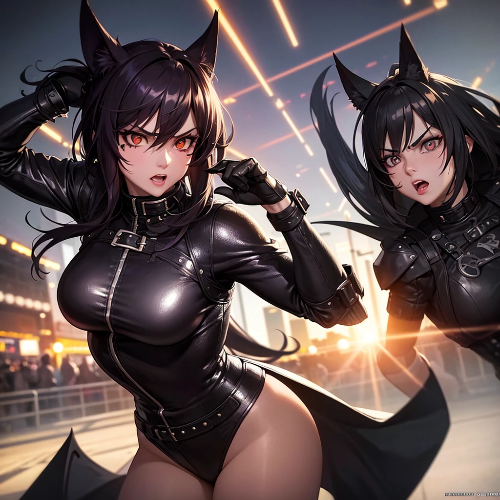 junkotvv cat girl, (cabello largo negro, flequillo, orejas de gato, ojos rojos, coletas) ,sunset shimmer,, shirtless, overalls over skin, bare shoulders, bare sleeves, bare arms, cleavage, cleavage behind overalls, medium breasts, facing forward, side cut, torso shown, leaning forward, down blouse, cleavage, (cabaret, burlesque, glamour), half-closed eyes, looking at the viewer seductively, pub, tavern, smirk