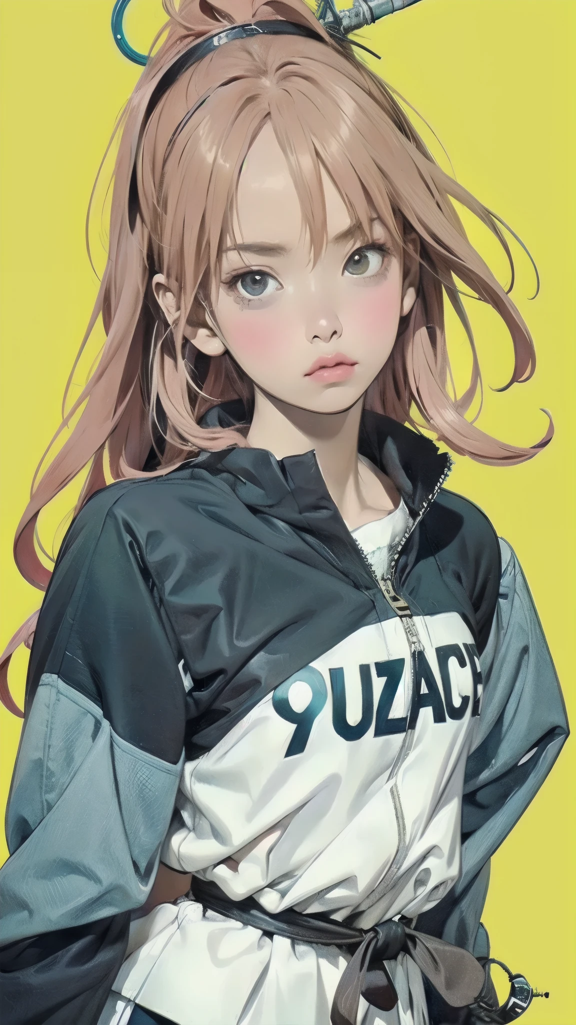 A woman holds a sword on a yellow background, solo、concept art：Okada Yoneyama,  trending on pixiv, conceptual art, hidetaka miyazaki, Epic anime with bad luck , FLCL, FLCL cover, like Grimes , Krenz Kuchart and Artem Demra, Glo-anime 