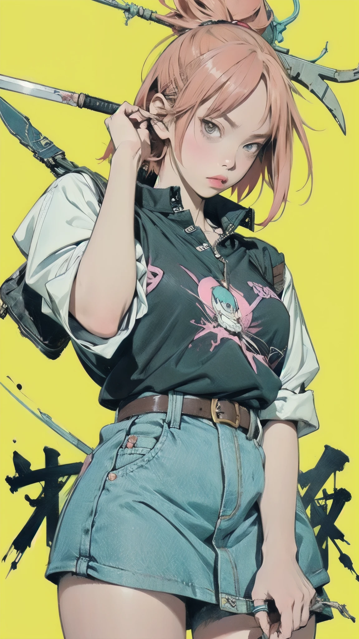 A woman holds a sword on a yellow background, solo、short bob hair、Concept Art:Okada Yoneyama, trending on pixiv, conceptual art, hidetaka miyazaki, Epic anime with bad luck , FLCL, FLCL cover, like Grimes , Krenz Kuchart and Artem Demra, Glo-anime