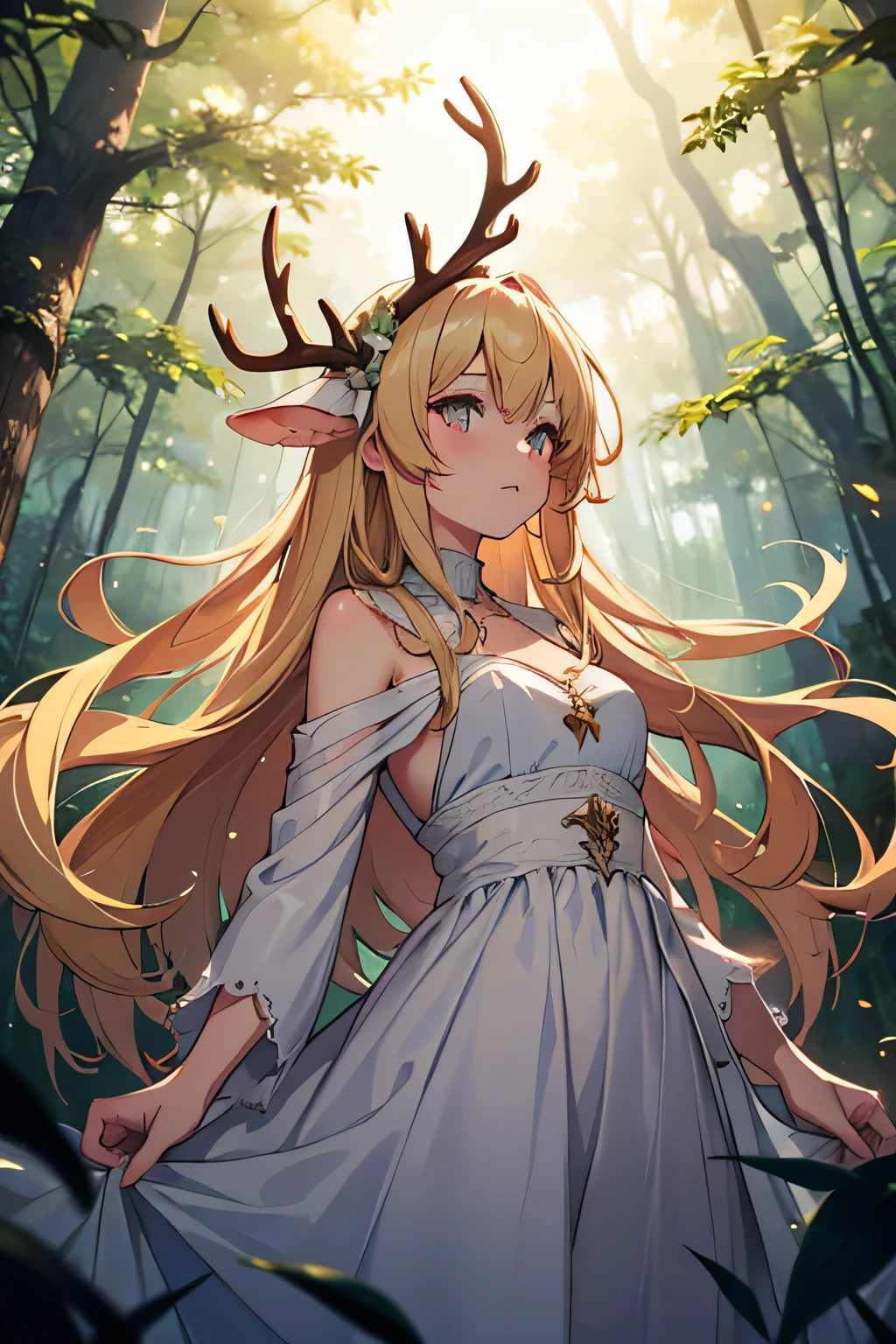 cutesexyrobutts style, 1girl, long_hair, bird, green_eyes, flower, hair_flower, barefoot, sitting, blonde_hair, nature, smile, open_mouth, hair_ornament, leaf, animal, dress, sunlight, solo, horns, bear, very_long_hair, antlers, forest, tree, staff, light_rays, outdoors, long_sleeves, outstretched_arm