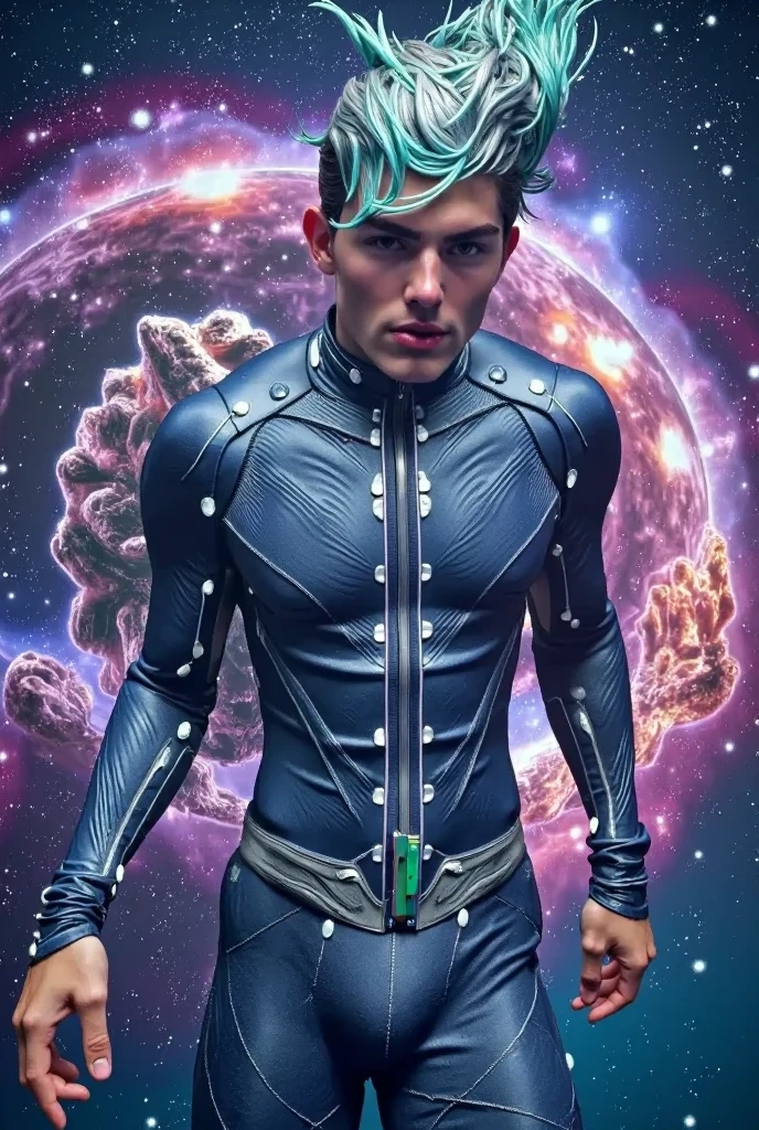 (masterpiece, high resolution, detailed:1.3), a mesmerizing depiction of a (strikingly handsome young man:1.2) donning (wearing transparent see-through futuristic clothes, bulge:1.2), standing against the backdrop of the vast and mysterious cosmos, breathtaking grandeur, LED internal lighting, cyberpunk style, fibre optic hair, glowing blue iris, muscular, best quality, masterpiece, His (toned physique:1.2) is bathed in the soft glow of distant stars, creating an otherworldly aura. As he gazes out into the depths of space, his (intense blue eyes:1.2) reflect the wonder and curiosity of his cosmic journey. The intricate details of his attire and the (subtle gleam:1.2) on his skin are meticulously captured, lending an air of realism to the scene. The celestial expanse behind him is a tapestry of (nebulous formations:1.2), (dazzling galaxies:1.2), and (shooting stars:1.2), a breathtaking testament to the beauty of the universe. This artwork melds the allure of a beautiful man with the awe-inspiring vastness of space, evoking a sense of both intimacy and grandeur. intricate details, dynamic pose, dynamic angle, (surreal), (illustration), ((oil painting \(medium\):1.2)), sharp focus, soft lighting, vibrant colors, cinematic photography, dynamic angle, volumetric lighting, film grain, hard shadows