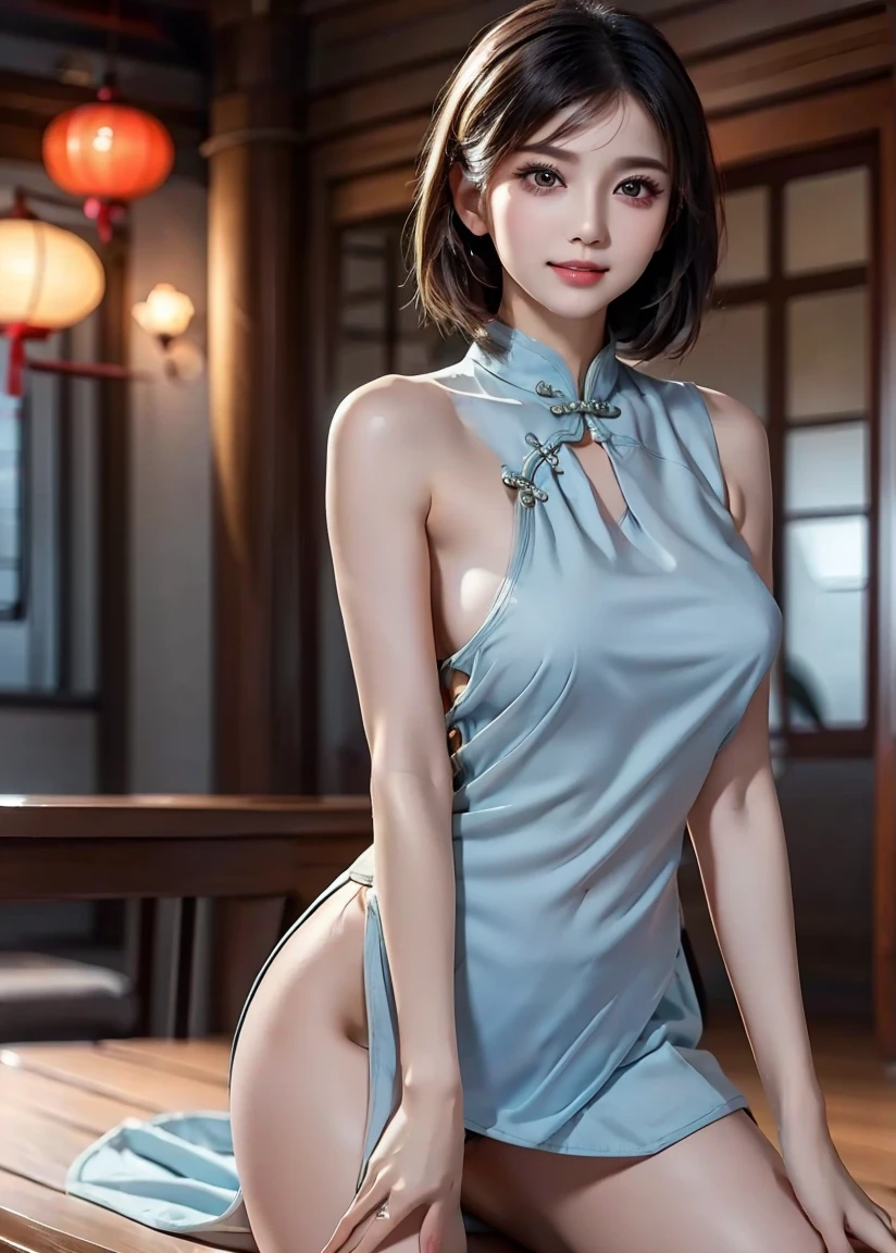 ((16K)),(masterpiece:1.3, Highest quality, Ultra-high resolution, Super detailed), (Realistic, photoRealistic:1.4), Perfect lighting, colorful, Depth of written boundary, Browsing Caution, Surrealism,Face Light,Beautiful detailed hair,Beautiful eyelashes, Beautifully detailed face, Beautiful fine details, Beautiful clavicle, Beautiful body, thin脚,Beautiful breasts, Beautiful feet, Beautiful Hands, Cleavage,Pointed Chest, thin, 1 girl, Perfect Face, Long eyelashes,Perfect Anatomy, Supermodel with a long neck,((Skinny1.3)),looking at the camera,(Perfect Anatomy,Anatomically correct, Highly detailed skin), Shiny skin,((beautiful girl:1.1)),(( large breasts:1.4)),(twin buns, Wavy Hair:1.2. Black Hair) ,((hair over one eye)),Dainty facial structure,((Happy smile:1.4 )),((yokozuwari, sitting:1.4)),((hand on own hip)),((wearing Cheongsam/cheongsam:1.4)),sexy and glamorous black cheongsam (Chinese dress) ,The dress should feature intricate patterns and a high slit, highlighting its elegant and sultry design. The overall appearance should be striking and eye-catching,cleavage cutout,tight mini skirt,sleeveless, ((wide shot:1.2)),((Dynamic composition)),Generate an image of a vibrant and colorful night scene in a bustling Chinese street. The street should be illuminated with bright neon lights and colorful signs, with numerous red lanterns hanging overhead. Include traditional Chinese archite