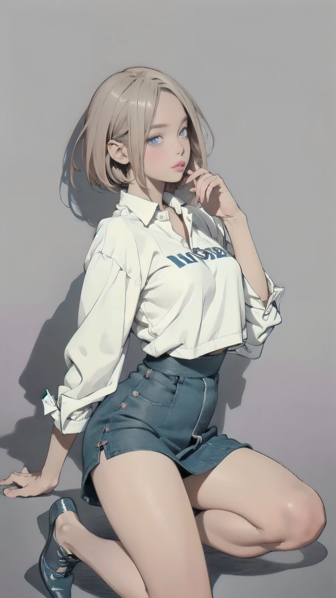 girl with dark skin(Skin color:1.2), From Kenya、(age:1.1), Gray Hair(Detailed Hair Quality :1.2), (accessories:1.1), Blue Eyes(Eyes:1.3), ( Emoji:1.2), ( pose :1.2), (Body Type:1.1), short cheerleader-style skirt(Detailed Outfits:1.2) has the coat of 。hands stacked on the knee、Facing down、profile、( pose :1.2), ( Emoji:1.2), placed in the center of the screen。short hair、The background is a single color、has bright shadows and hues、(Detailed Background:1.1)、anime style、(detailed drawing:1.3), digital art、(Expression of light and shadow:1.3), (color:1.2), Delicate Description、(Style:1.2), character design、(composition:1.2)。