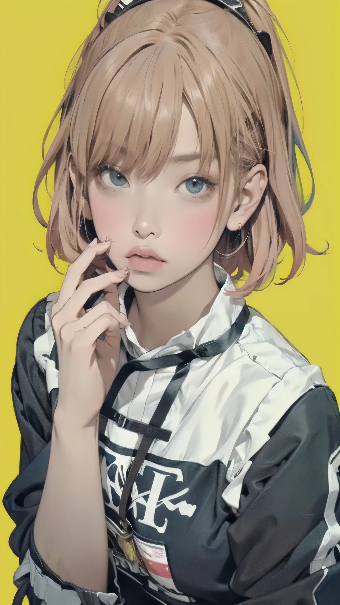 One woman is holding a Rubik's Cube on a yellow background, solo、short bob hair、VUITTON Outfit、concept art：Okada Yoneyama, Trending on Pixiv, conceptual art, hidetaka miyazaki, Epic anime with bad luck , FLCL, FLCL cover, like Grimes , Krenz Kuchart and Artem Demra, Glo-anime 