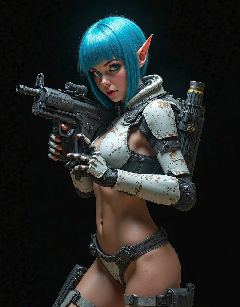 a full body portrait of an (elf:1), undercut rainbow_hair, problem solver, cyberpunk, freckles, sorceress, robotic cyborg arms, amazing body, (pronounced feminine feature:0.5), blouse, jacket, pants, leather clothes, (big breasts:0.5), sharp ears, futuristic conference room, kitchen, arcane runic circuitry tattoos, skin pores, masterpiece, backlighting, chromatic aberration, sharp focus, deep focus