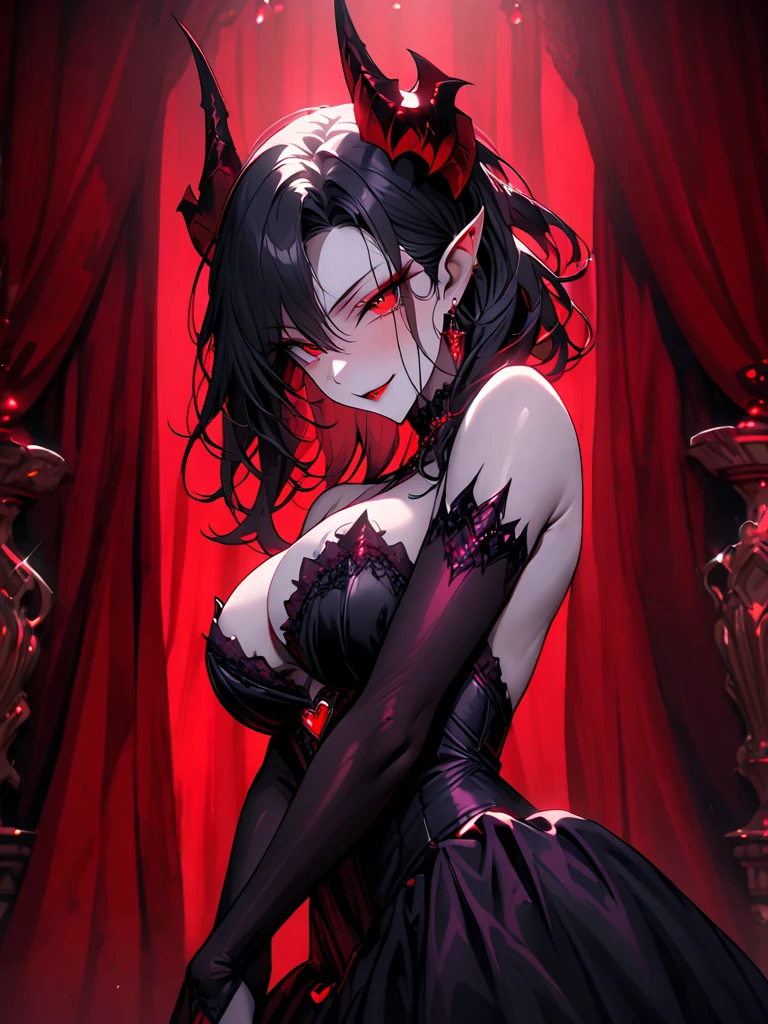1 young beautiful woman,(Highest quality,Extremely detailed depiction,Incredibly absurd high resolution,Anatomically accurate depiction,Curvy Legs,Vertically drawn pupils),(Glowing Skin,Shiny skin,Porcelain-like skin),(Succubus),(Elegant Gala Dresses,Fluffy Dress,Conservative dress,Gorgeous),eyelash,Sweat,(Red Eyes,Large Breasts,A captivating smile,Glossy lipstick,Flashy makeup,Seductive gestures,Half-closed eyes:1.5),Luxury accessories,earrings,necklace,Bracelet,whole body,Pointy Ears