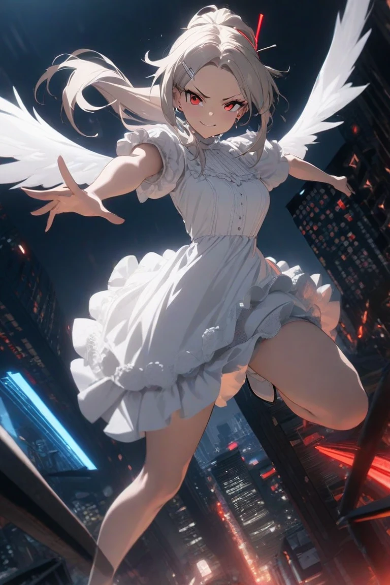 quality\(8k,wallpaper of extremely detailed CG unit, masterpiece,hight resolution,top-quality,top-quality real texture skin,hyper realisitic,increase the resolution,RAW photos,best qualtiy,highly detailed,the wallpaper,cinematic lighting,ray trace,golden ratio\), BREAK ,solo,1girl\(ragged clothes\(white\),dirty, soaking wet,shaggy hair,long hair, dark skin, big happy smile, long eyelashes, white wings\(dirty\), bare feet, dancing in the rain, looking away\), background\(dark,dirty alley, garbage strewn, stray cat, heavy rain\(raindrops\), slum\),dynamic angle,dynamic pose