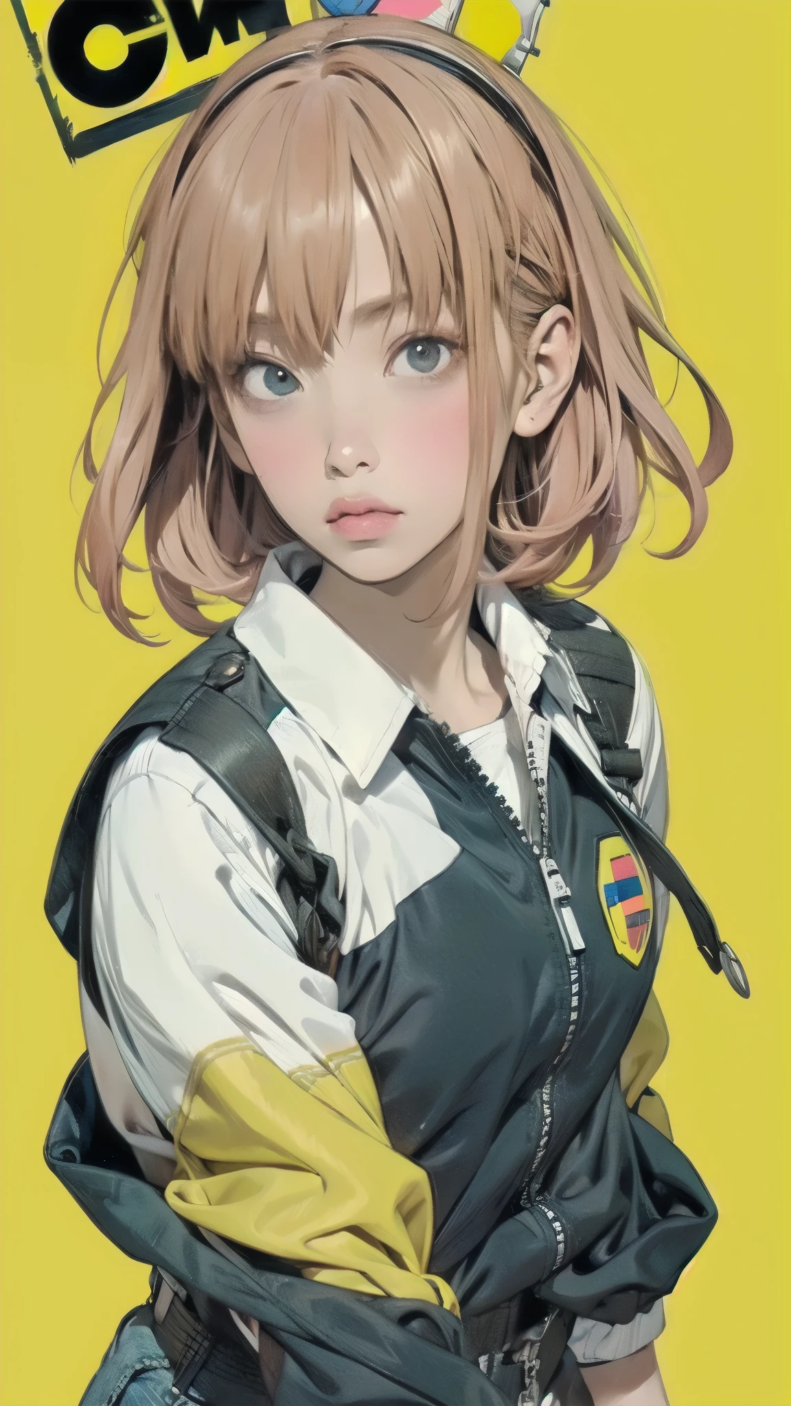 One woman is holding a Rubik's Cube on a yellow background, solo、short bob hair、Nike outfit、concept art:Okada Yoneyama, Trending on Pixiv, conceptual art, hidetaka miyazaki, Epic anime with bad luck , FLCL, FLCL cover, like Grimes , Krenz Kuchart and Artem Demra, Glo-anime