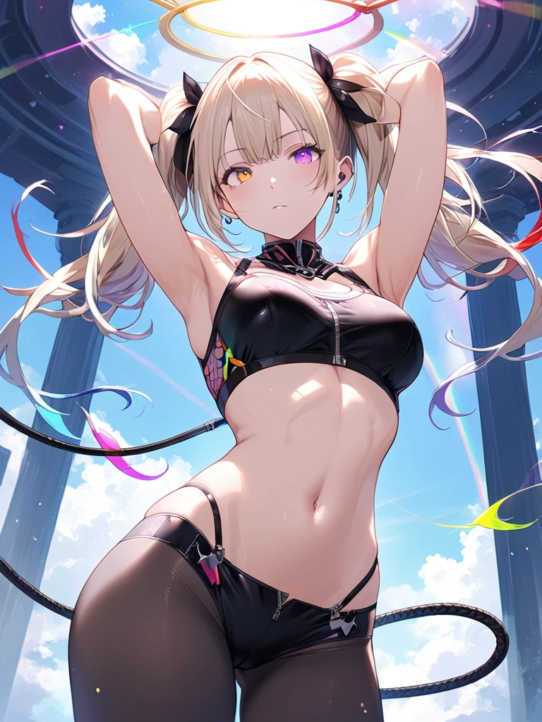 tattoo、spreading the dharma wheel)))、female organ、pubic hair、naked、Beautiful Girl Magician、blonde twintails、((whole body))、(((photo taken from below)))、darkness
