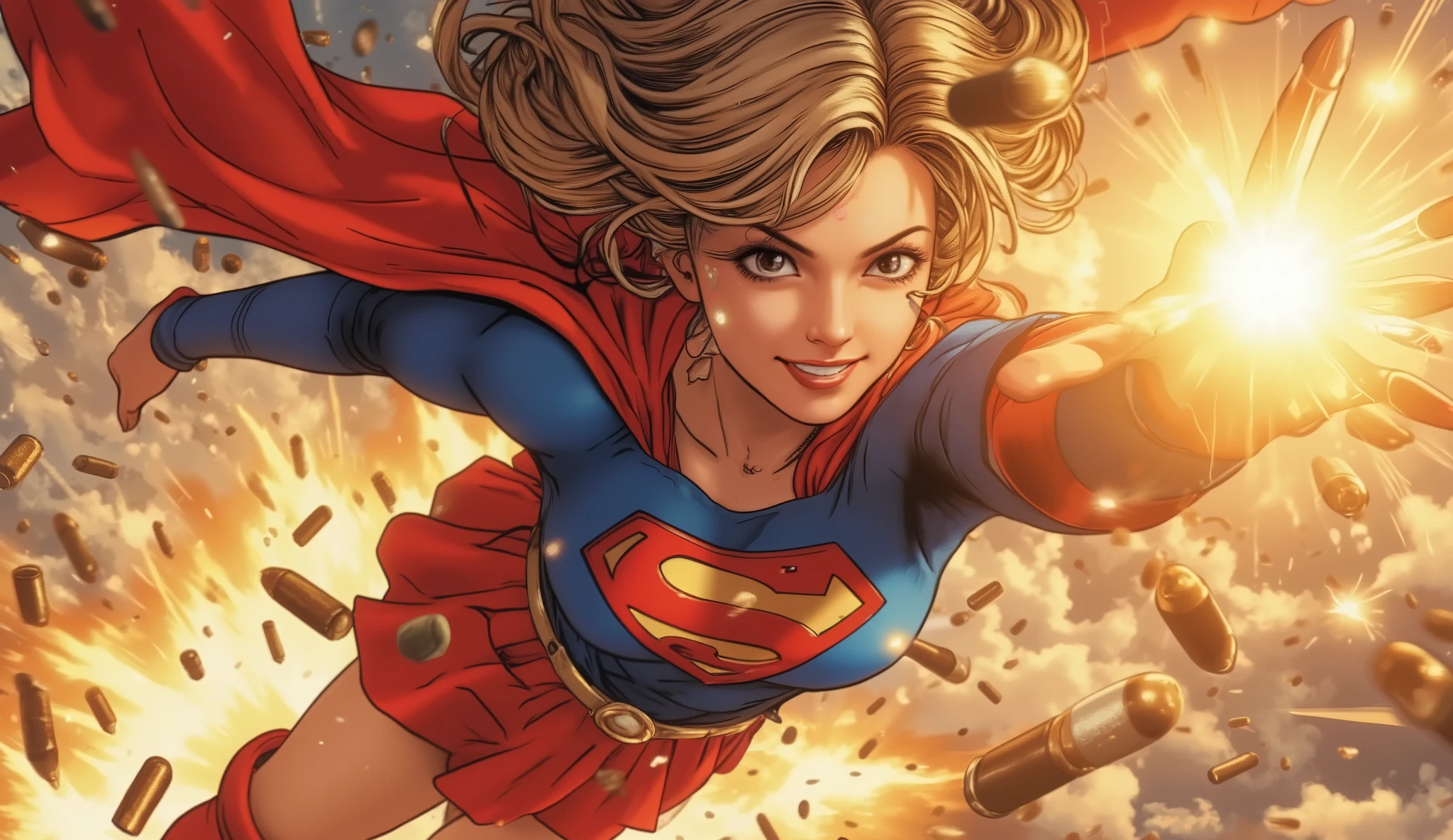 dressed as supergirl,form fitted blue bodysuit with 'S' logo,red pleated skirt,red cape,red knee high boots,many bullets,flying girl,(a woman stops a bullet flying at high speed with her hand),beautiful face,face forcus,smile,teeth,akira toriyama style,dynamic pose,dynamic angle,cinematic,motion blur, linesspeed lines,action lines,wide view background