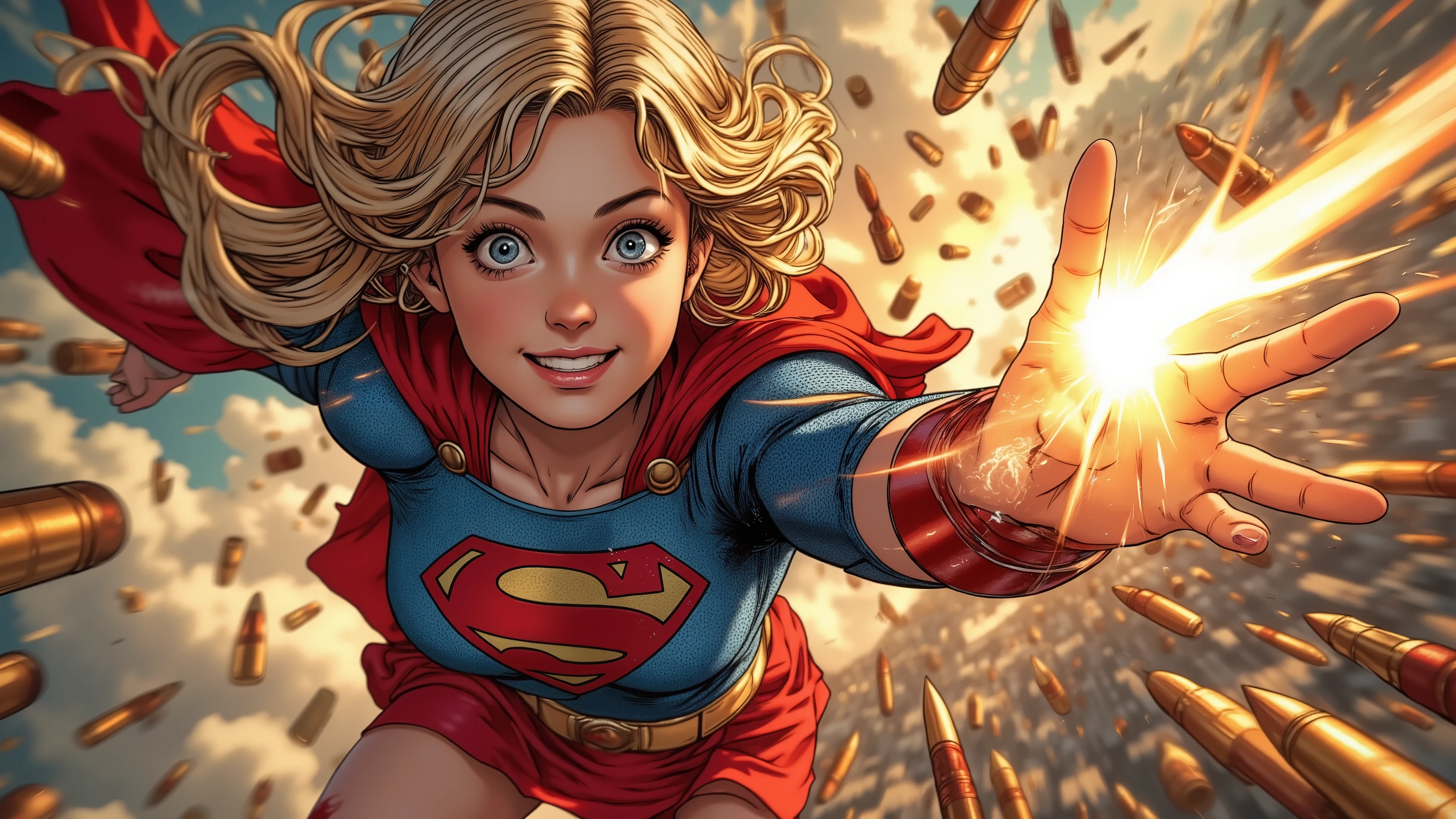 dressed as supergirl,form fitted blue bodysuit with 'S' logo,red pleated skirt,red cape,red knee high boots,many bullets,flying girl,(a woman stops a bullet flying at high speed with her hand),beautiful face,face forcus,smile,teeth,akira toriyama style,dynamic pose,dynamic angle,cinematic,motion blur,speed lines,action lines,wide view background,(movie theater screen)
