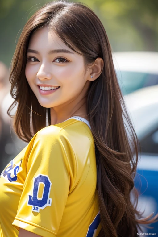 masterpiece,best Quality,ultra detailed, baseball stadium bleachers,big yellow backpack on her back, beautiful girl, selling beer, full of energy, cheerful,parky, beer vendors, beer girl, yellow and black cap, offering beer in plastic cup, long hair, smiling, white and black short sleeve shirt, mini-skirt, , Bud girl,