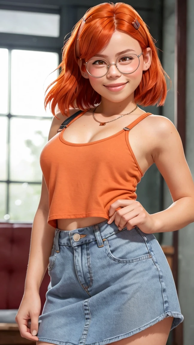 A Realistic beautiful Irish female, 29 years old, as surgical nurse wearing blue scrubs, auburn colored hair, hair tied up in odango pigtail buns, green eyes, long luscious lashes, auburn colored hair tied up odango pigtail buns, sexy smile, looking at the camera, perfect slim body, Photorealistic, perfect small breasts, standing in operation room, perfect body, pale skin, beautiful face, big smile, wide angle showing full body
