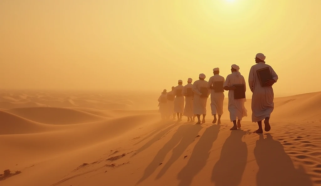 Many people are walking in a row across the Arabian desert. They are accompanied by a few women. Behind them all stands an old woman carrying a heavy bag. 
They were wearing Arabic clothes. 
The sun has risen in the eastern sky and a chill is flying in the sky. 
They had various putli on their heads and hands. Some camels were with them.