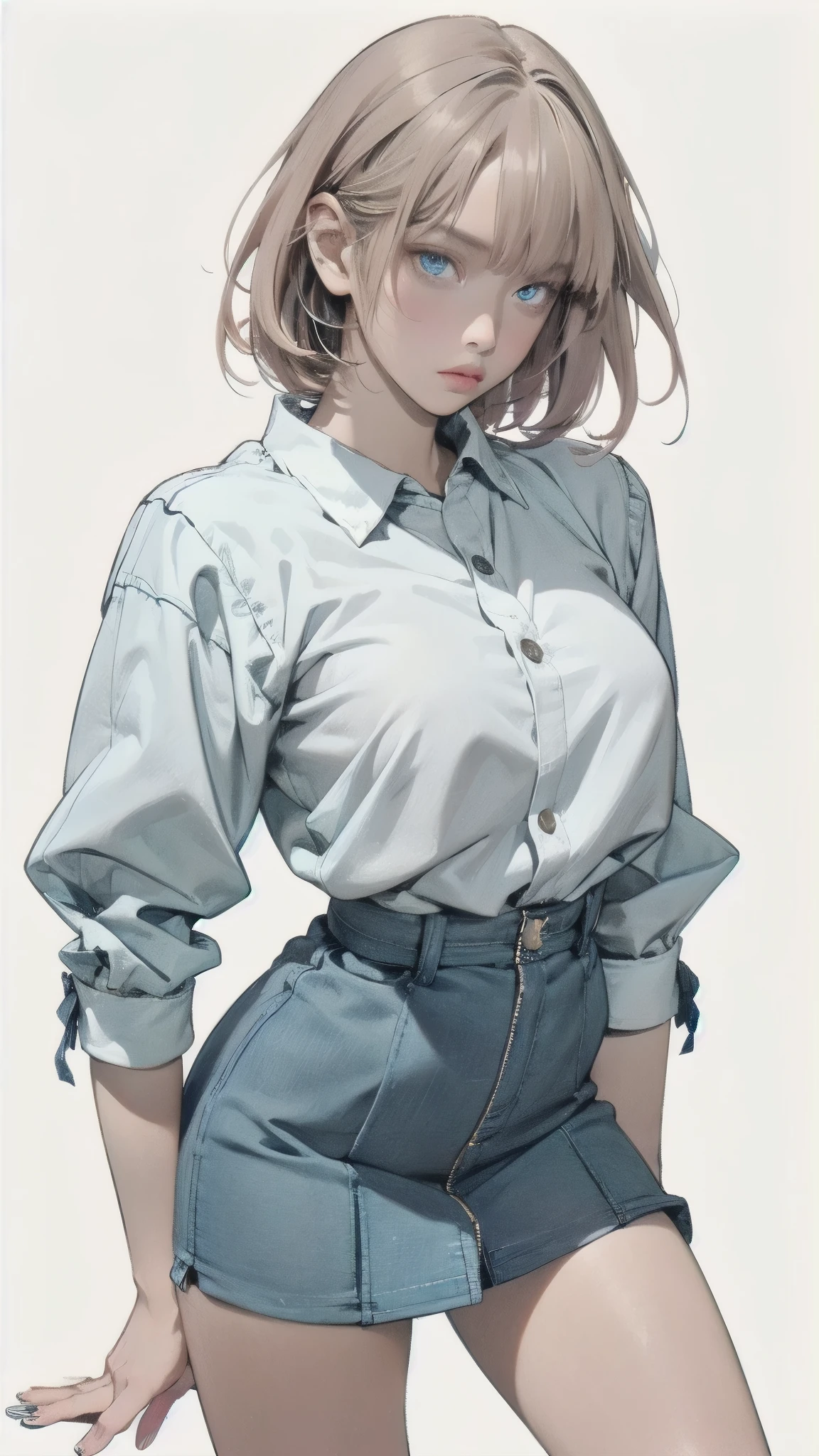 girl with dark skin(Skin color:1.2), From Kenya、(age:1.1), Gray Hair(Detailed Hair Quality :1.2), (accessories:1.1), Blue Eyes(Eyes:1.3), ( Emoji:1.2), ( pose :1.2), (Body Type:1.1), short cheerleader-style skirt(Detailed Outfits:1.2) has the coat of 。hands stacked on the knee、sticks out her chest、Facing down、profile、( pose :1.2), ( Emoji:1.2), placed in the center of the screen。short hair、The background is a single color、has bright shadows and hues、(Detailed Background:1.1)、anime style、(detailed drawing:1.3), digital art、(Expression of light and shadow:1.3), (color:1.2), Delicate Description、(Style:1.2), character design、(composition:1.2)。