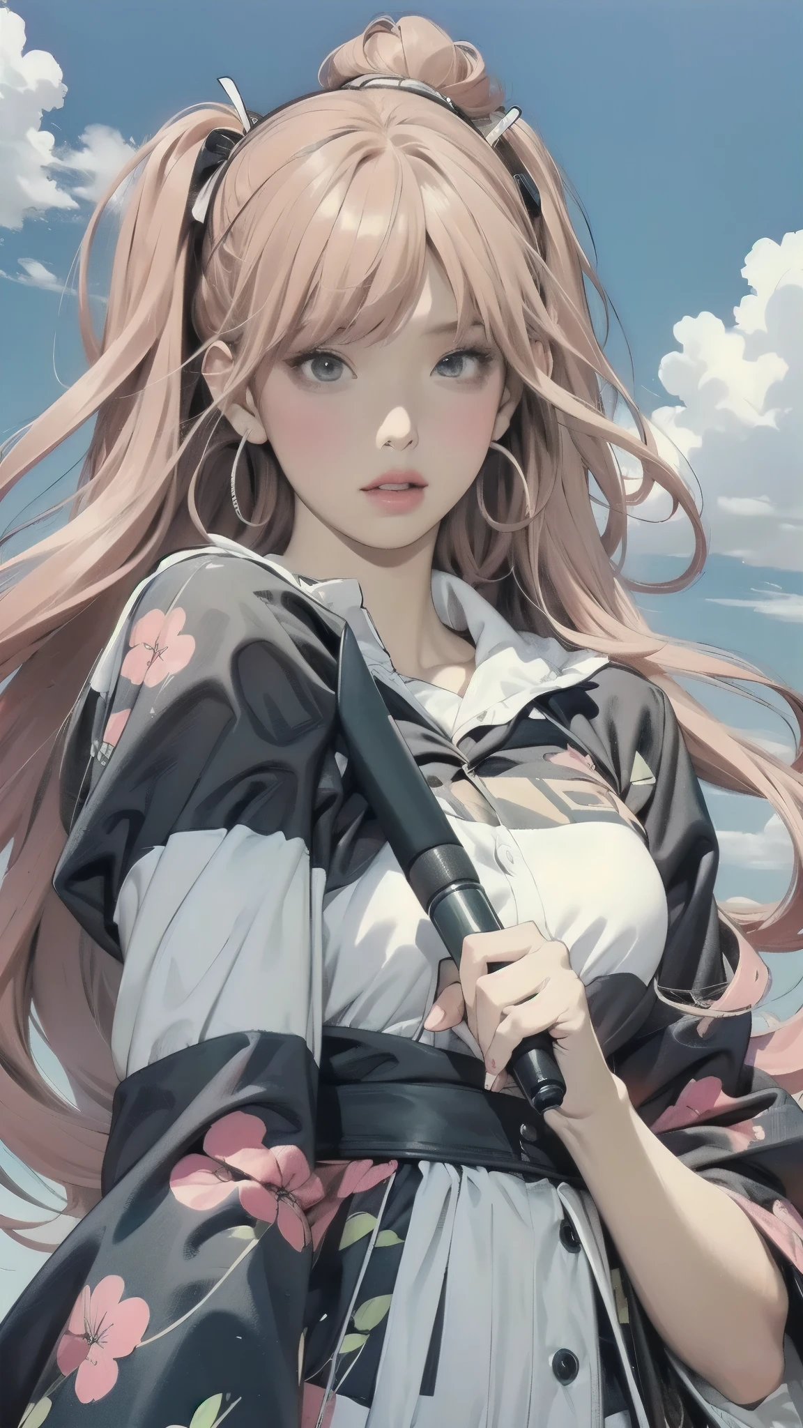 comic picture of a large group of people behind a woman, Girl holding a microphone and singing enthusiastically、Girls rock style、カラーManga Page,manga style,comic, Award-winning manga style , manga scan , Enoshima Junko, the sky is partly cloudy, Manga Page, In manga style