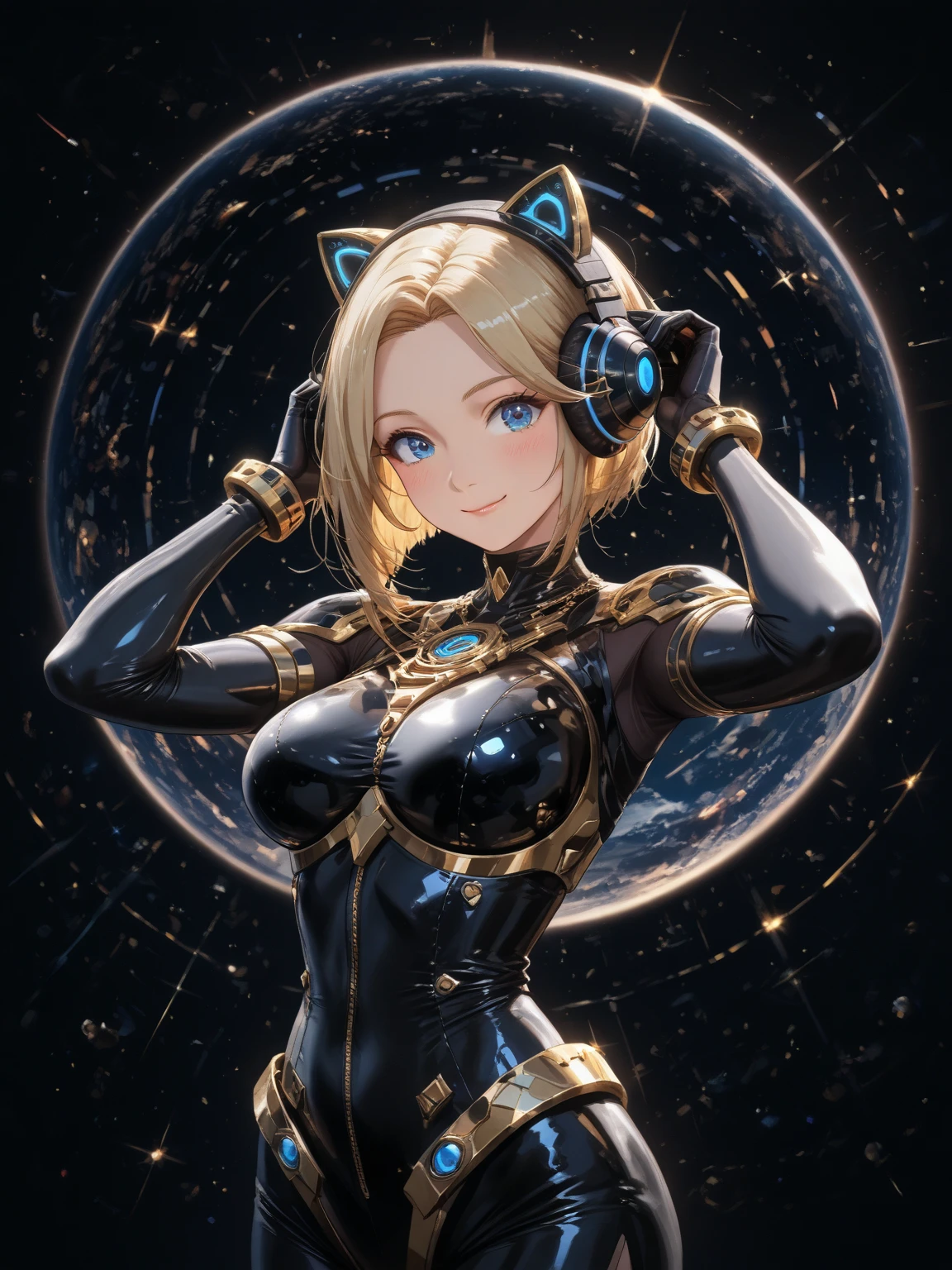 4K, A high resolution, Best quality at best, masterpiece, perfect colors, perfect shadow, perfect litthing, ((sportrait)), 1woman, fit body, heterochromia eyes,dark blue hair , blue eyes, With round lenses, The audience watched carefully, (s face: 1.2), Perfect female figure, ((dynamic pose)), ((gold and black Tight crop top gold and black leather suit)), ((shy and looking at viewert)), (Perfect thick white eyebrows) Delicate fur, 详细s face, s the perfect face, , (dynamic pose), cyberpunk abstract background, ((Bonifasko lighting)), (The round lenses on his eyes)(detailed eyes), Perfect student, ((face close up))