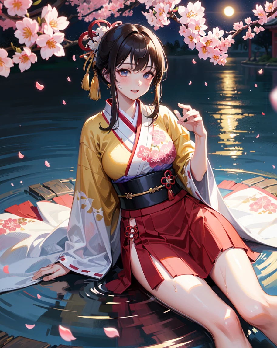 kind girl, sexy body, hime hairstyle, dark hair, kimono, sit, from above, cherry blossoms