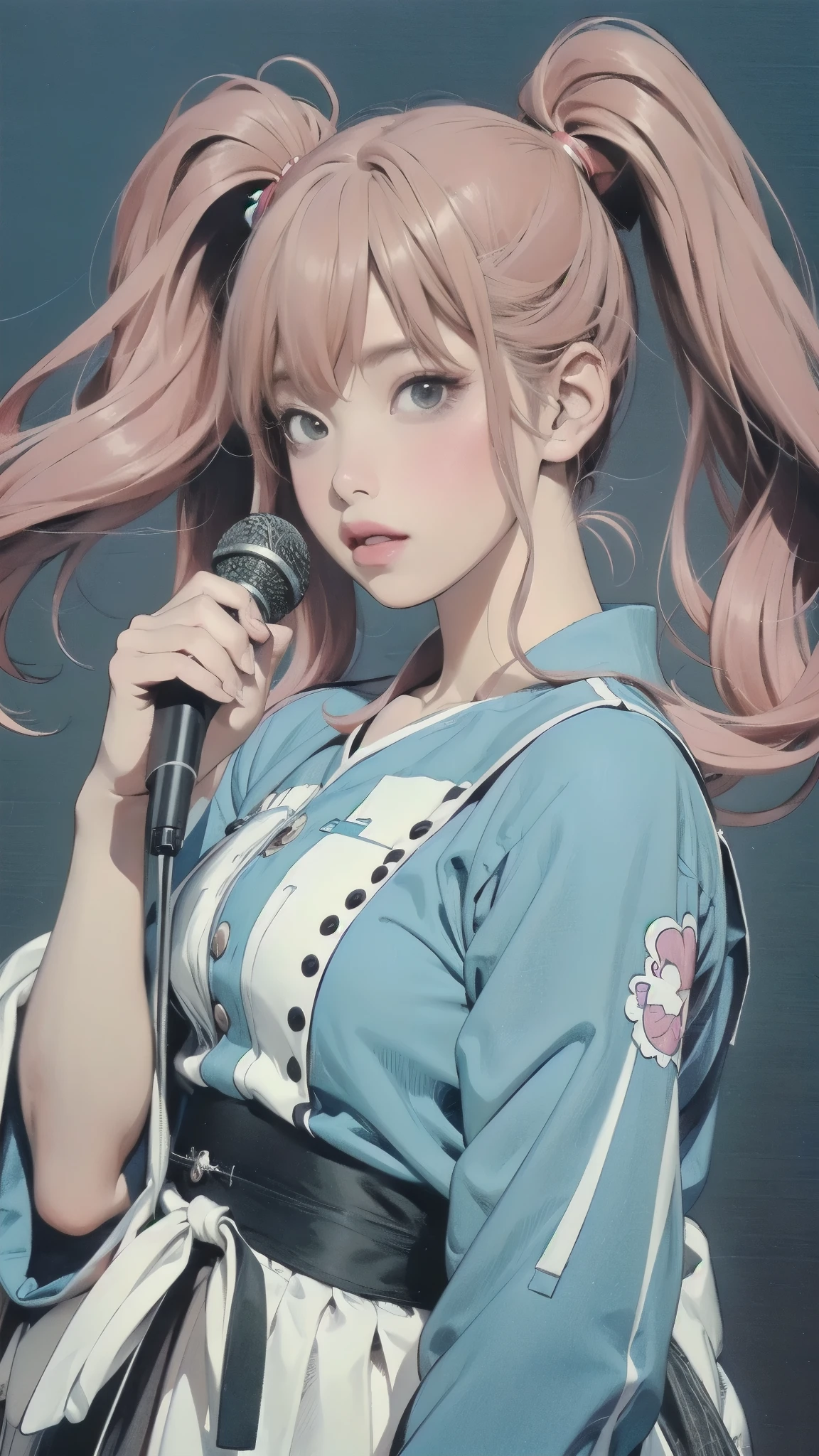comic picture of a large group of people behind a woman, Girl holding a microphone and singing enthusiastically、Girls rock style、twin tails、カラーManga Page,manga style,comic,  Award-winning manga style , manga scan , Enoshima Junko, the sky is partly cloudy, Manga Page, In manga style