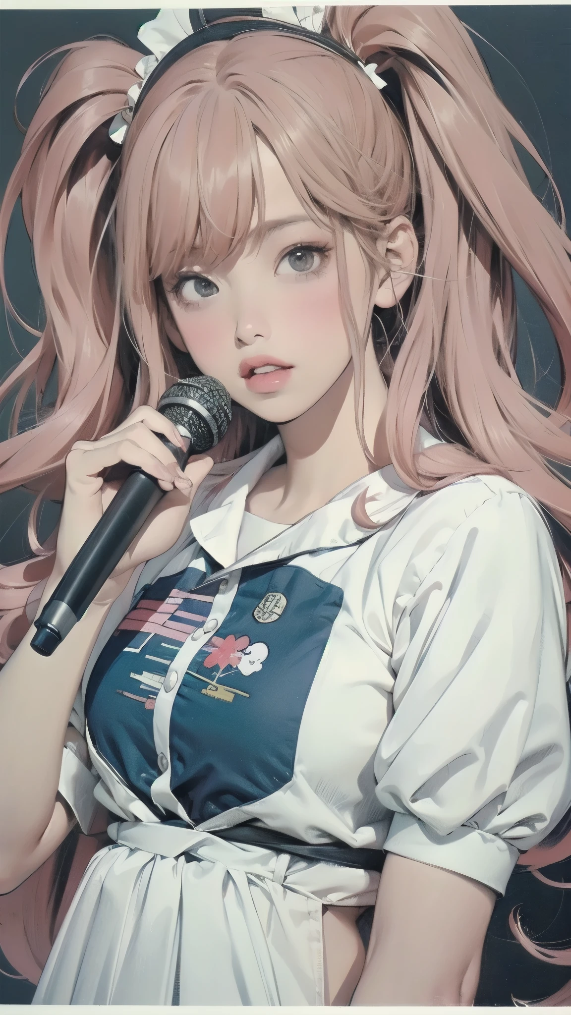 comic picture of a large group of people behind a woman, Girl holding a microphone and singing enthusiastically、Girls rock style、twin tails、カラーManga Page,manga style,comic, Award-winning manga style , manga scan , Enoshima Junko, the sky is partly cloudy, Manga Page, In manga style