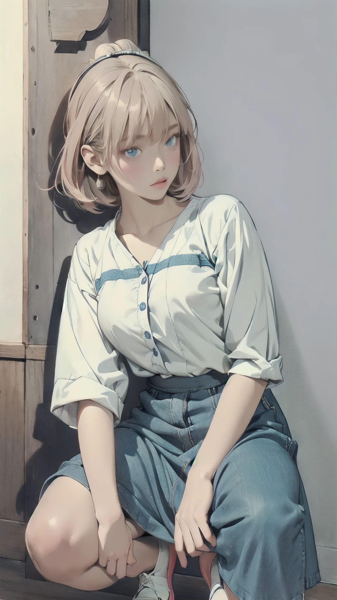 Yoko face、girl with dark skin(Skin color:1.2), From Kenya、(age:1.1), Gray Hair(Detailed Hair Quality :1.2), (accessories:1.1), Blue Eyes(Eyes:1.3), ( Emoji:1.2), ( pose :1.2), (Body Type:1.1), short cheerleader-style skirt(Detailed Outfits:1.2) has the coat of 。hands stacked on the knee、sticks out her chest、Facing down、profile、( pose :1.2), ( Emoji:1.2), placed in the center of the screen。short hair、The background is a single color、has bright shadows and hues、(Detailed Background:1.1)、anime style、(detailed drawing:1.3), digital art、(Expression of light and shadow:1.3), (color:1.2), Delicate Description、(Style:1.2), character design、(composition:1.2)。