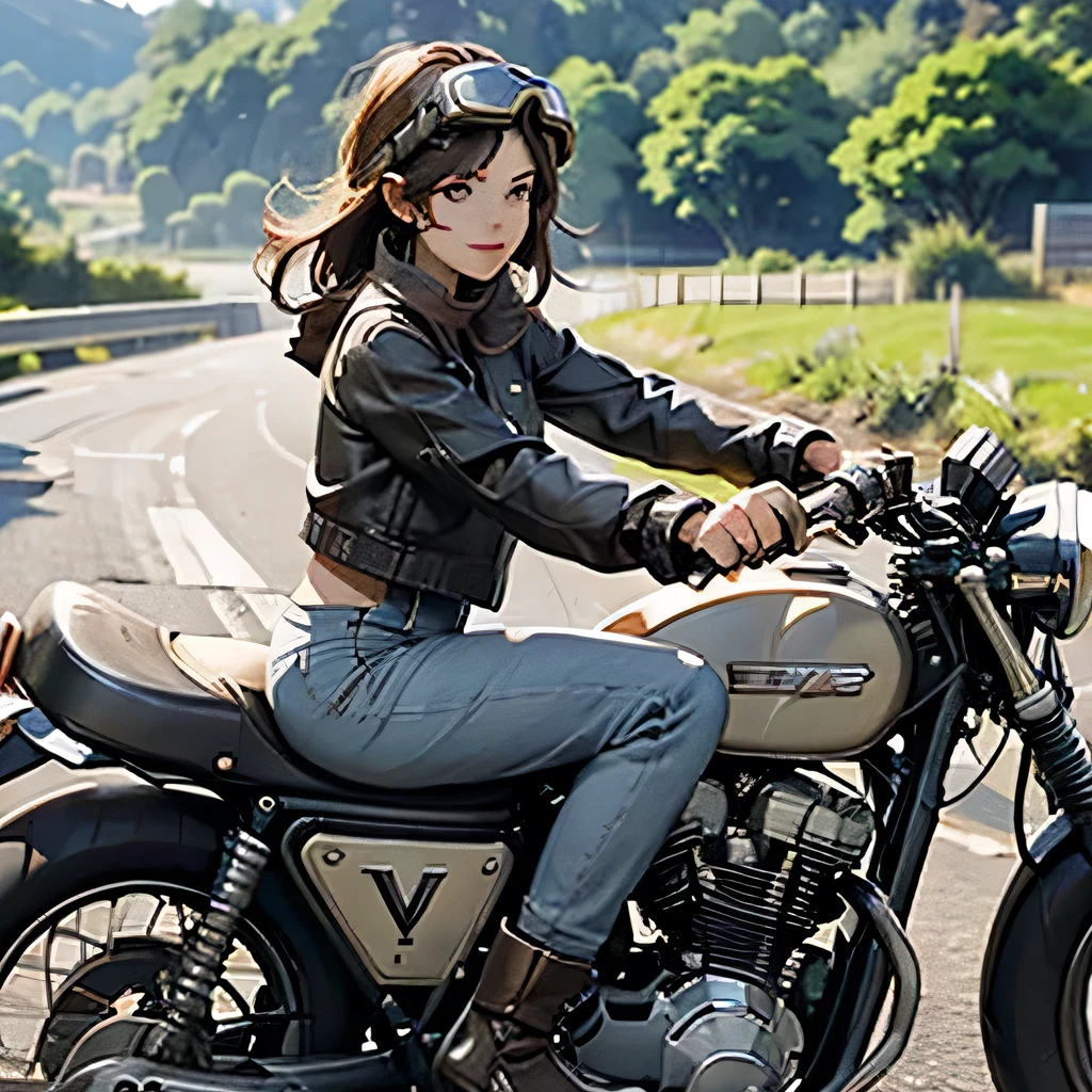 Vintage Bikes、victory、Isle of Man Races、(A young female rider speeds along on a motorcycle)、Leather jumper、Cromwell helmet with goggles、After the Rain、English countryside、