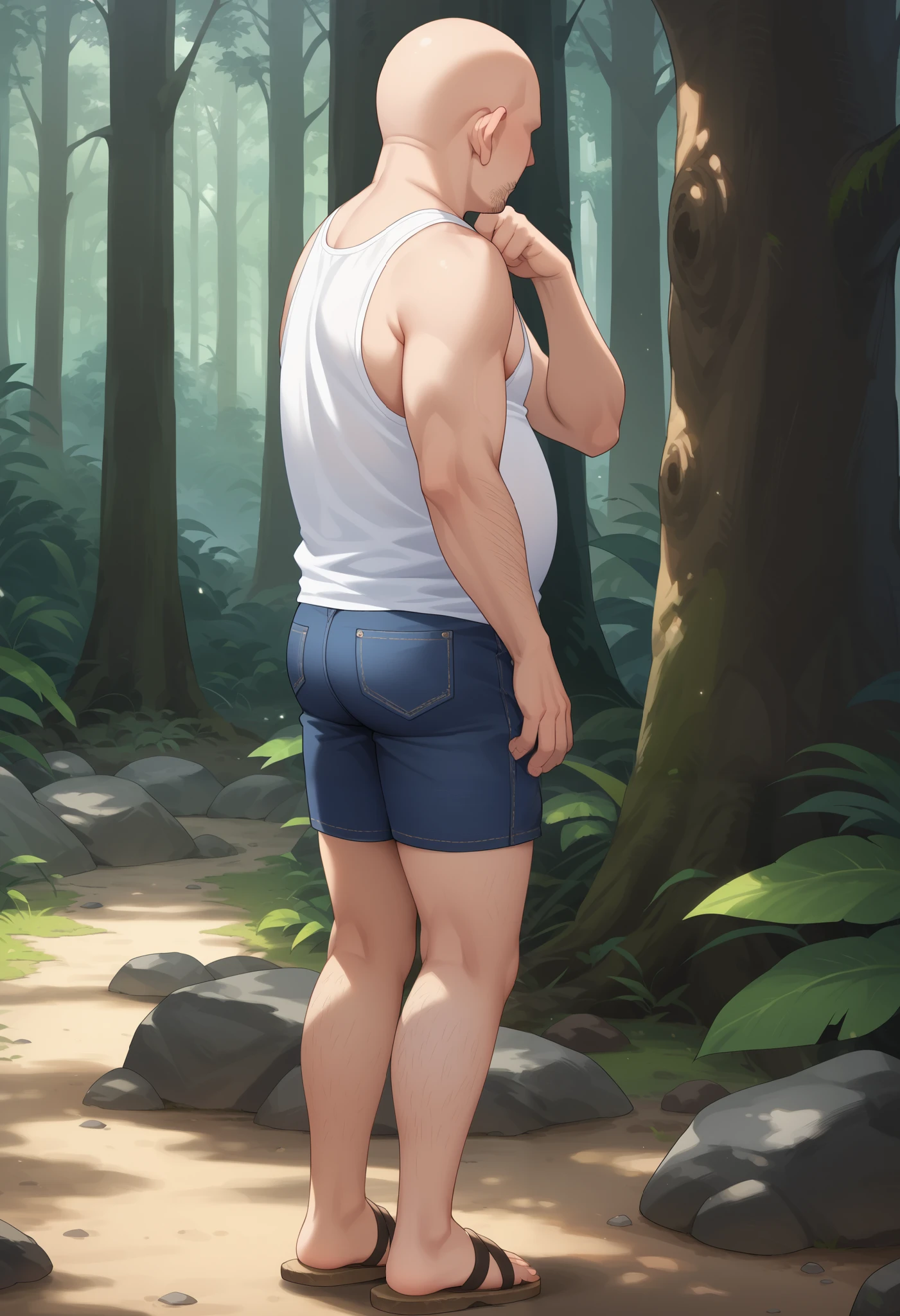 score_9, score_8_up, score_7_up, 1boy, male focus, masculine, blue eyes, brown hair, shirtless, white shorts, barefoot,
beard, mustache, big beard,
standing, looking at viewer, (from below:1.4), full body,
outdoors, forest,
 <lora:Big_beard_test:1>