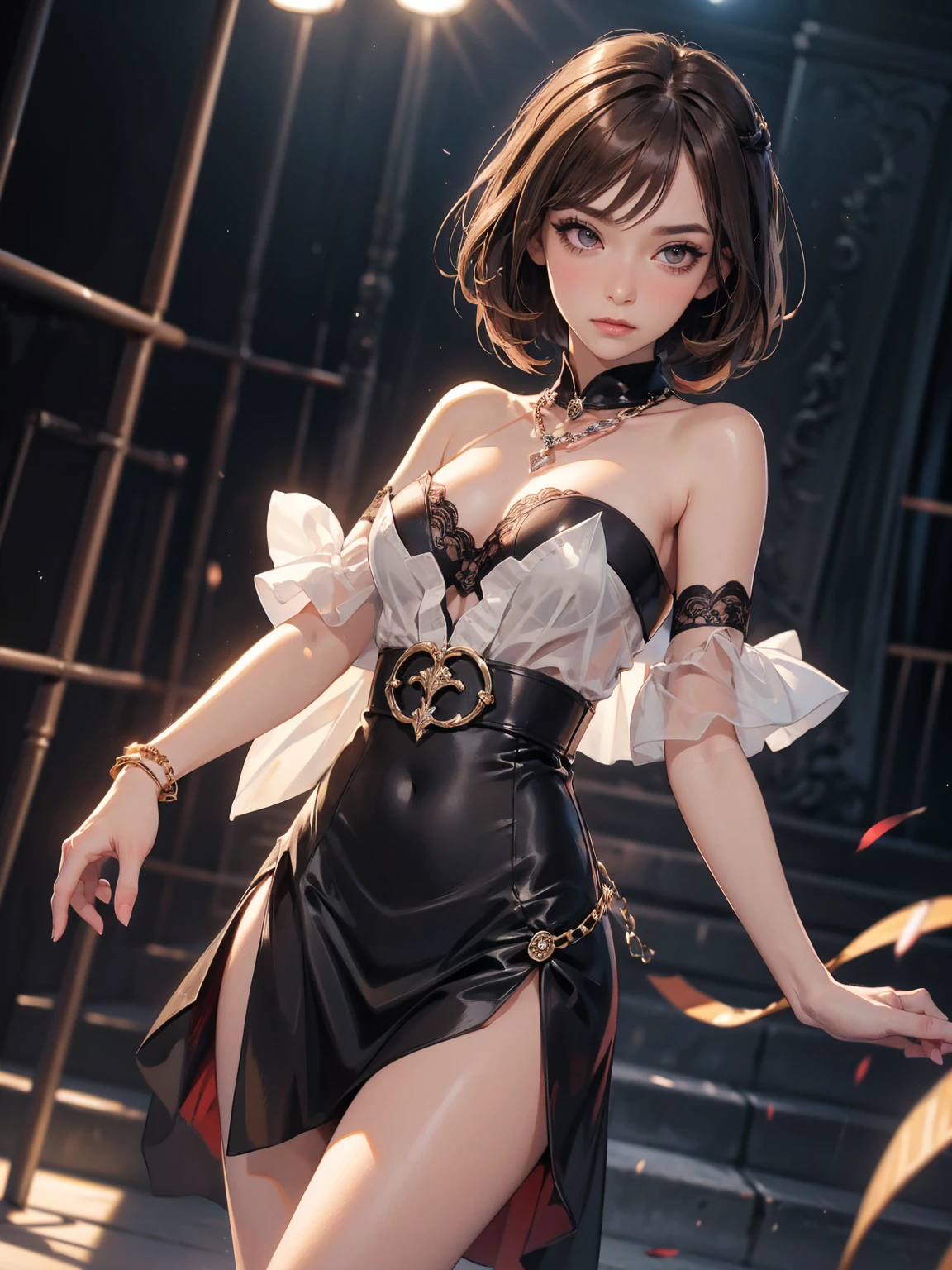 absurdres, RAW photo, extremely delicate and beautiful, masterpiece, Best Quality, ultra high resolution, 32k, hyperrealistic, ultra-detailed, detailed description, pale skin, 20 years old, delicate facial features, detailed beautiful face and eyes, tearful mole, earring, Colossal tits, short medium hair, wavy hair, (full body shot), halterneck blouse, skirt,