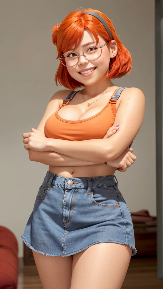 Pan, 1girl, solo, smile, red shirt, jeans, bandana, black Hair, sitting,, (showing armpits and pussy half naked. (((grown up pan))) thick.