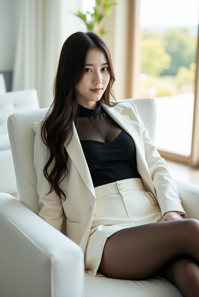 a 20 year old girl, she is the most beautiful actress in the world, the perfect body proportions of this girl, the blazer is firmly covering the formal shirt which is worn on her upper body, her anus under her vagina between her opened legs is clearly seen, she is sitting on a sofa with spread her legs, her detailed genitalia of her lower body, her pubic hair is covering her clitoris, the urethra in the labia under the clitoris of this girl, just her lower body is naked, in the living room, nsfw, best quality, highly detailed, masterpiece, ultra high res, photo realistic, 8k, she is japanese