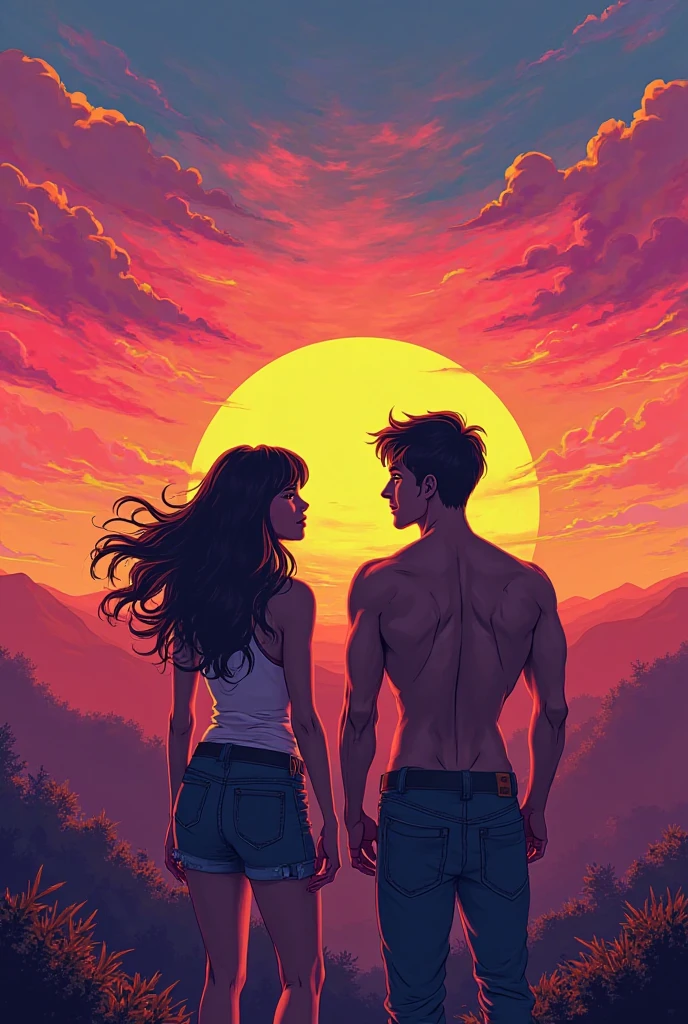 Create an image of a man from behind with a half-naked woman, 70s style, bell bottom pants, short jacket and hands in pockets, looking towards the sunset.