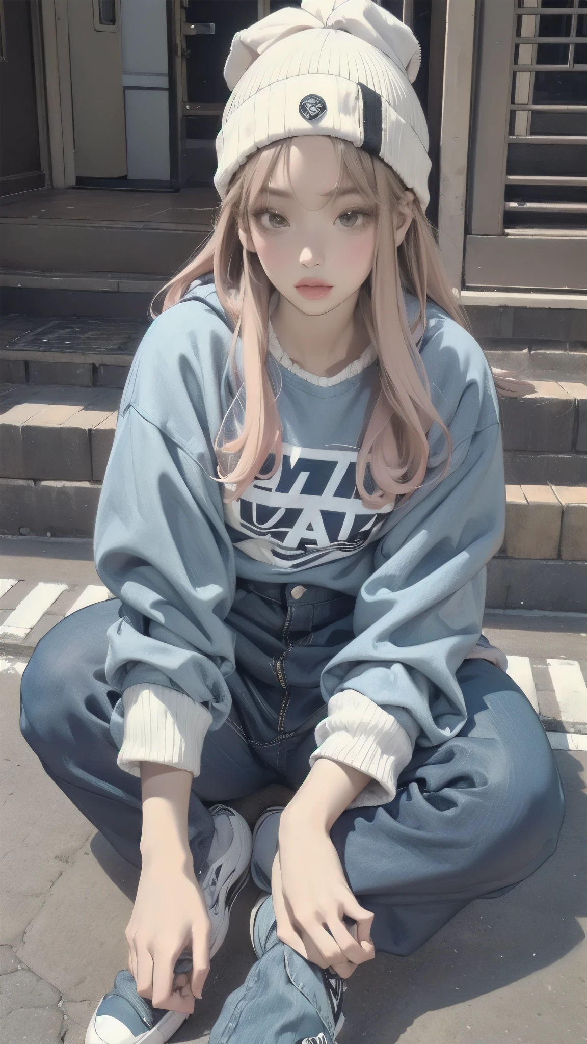 Arafe image of a woman wearing a hat and sitting on the ground, Photo by Tsuyoshi Nishi, Instagram, Tachismo, she's wearing streetwear , knitted hat , she wears a hat, Bae Suzy, Wearing a beanie hat, cute casual street wear, Ulzzang, casual clothing style , wearing beanies , With hat