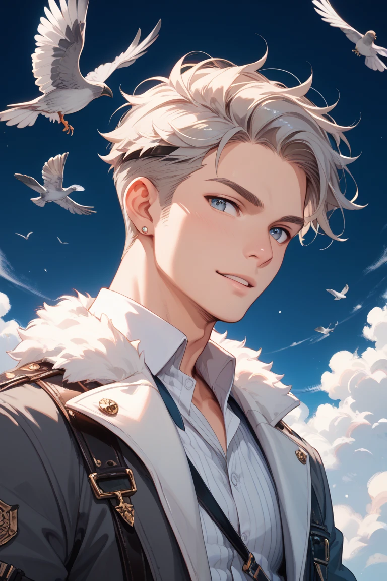 White-skinned boy，Dark blue church costume，White lining，In front of the glass stained window，white color hair，Blue eyes like the ocean，sun beam，White bird stopping at the table，Scriptures scattered on the ground